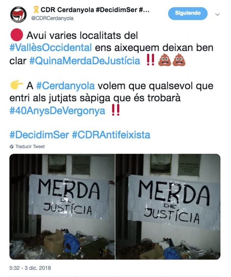 Tweet del CDR de Cerdanyola del Vallès reivindicant l'acció