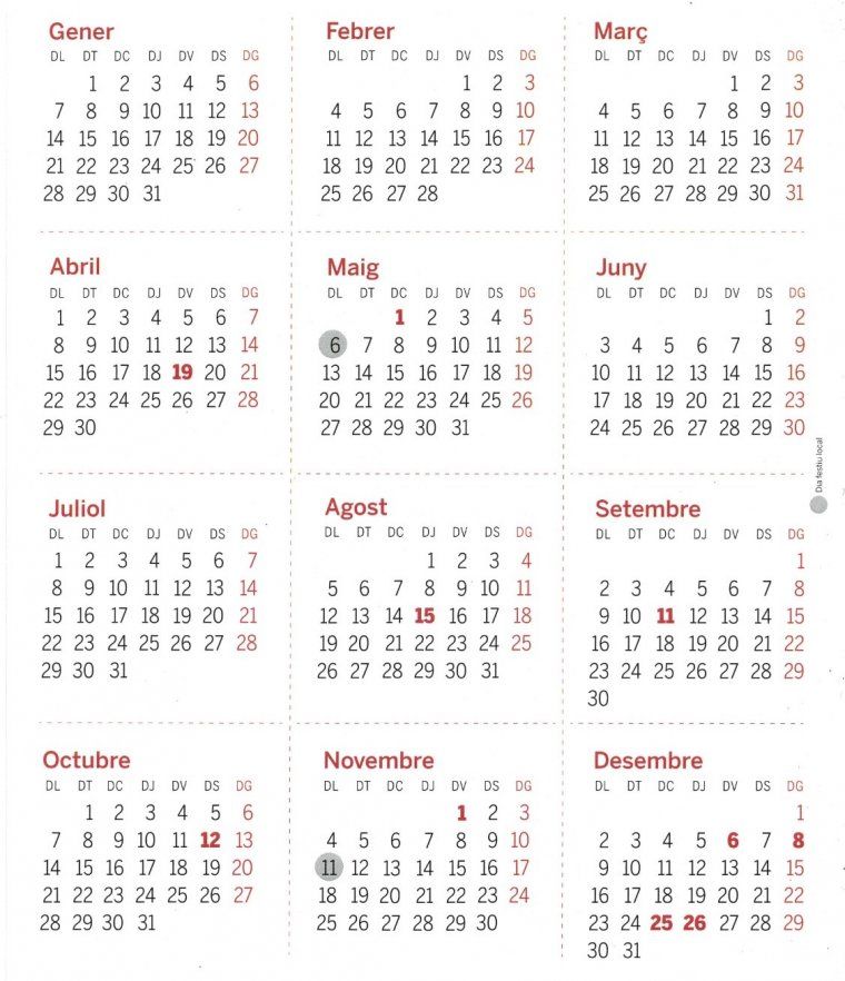 Calendari i festius del 2019 per Bellaterra i Cerdanyola (en gris, els festius locals)