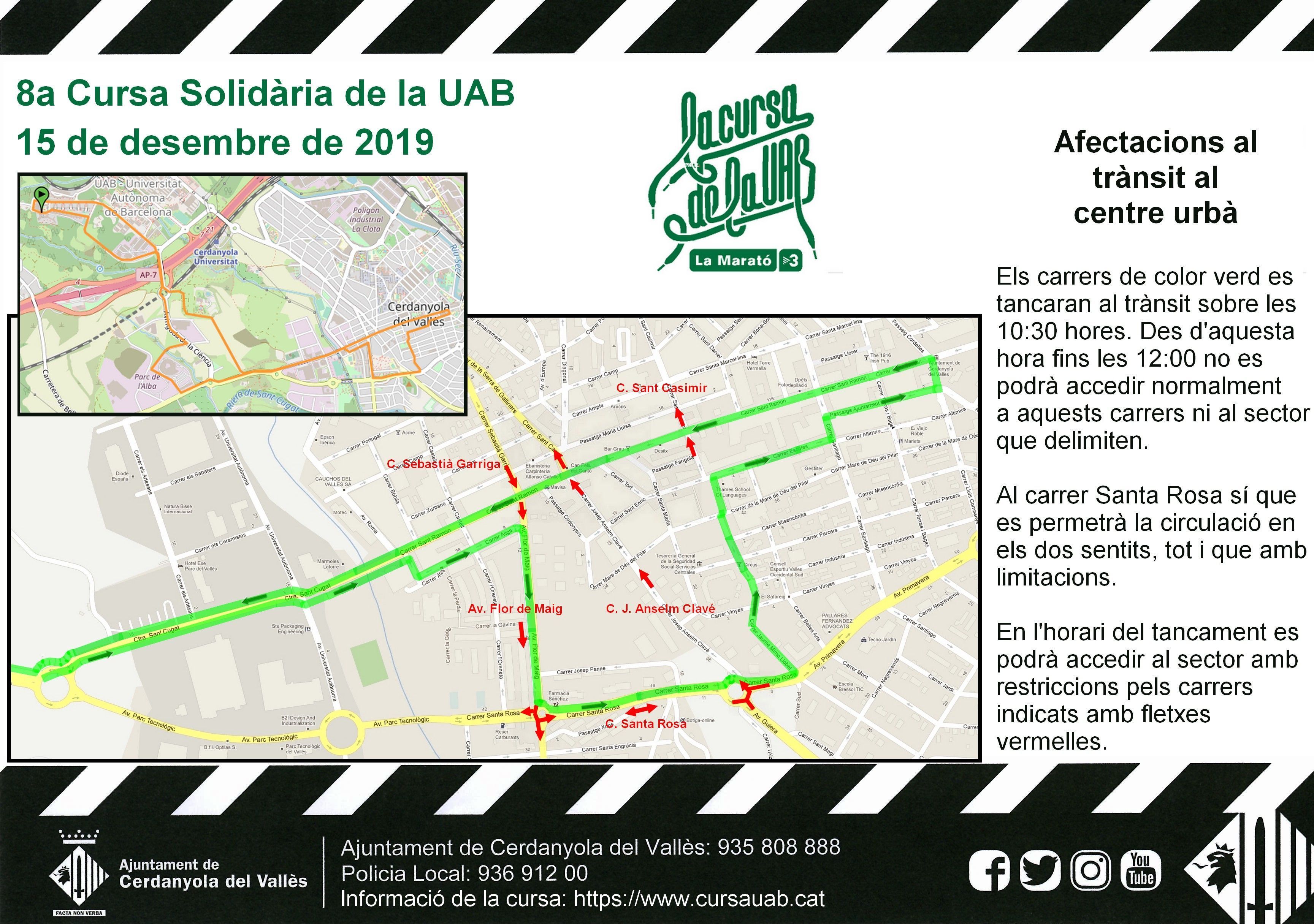Mapa de les afectacions al trànsit per la Cursa de la UAB el diumenge 15 de desembre de 2019, de 10.30 h a 12 h aproximadament