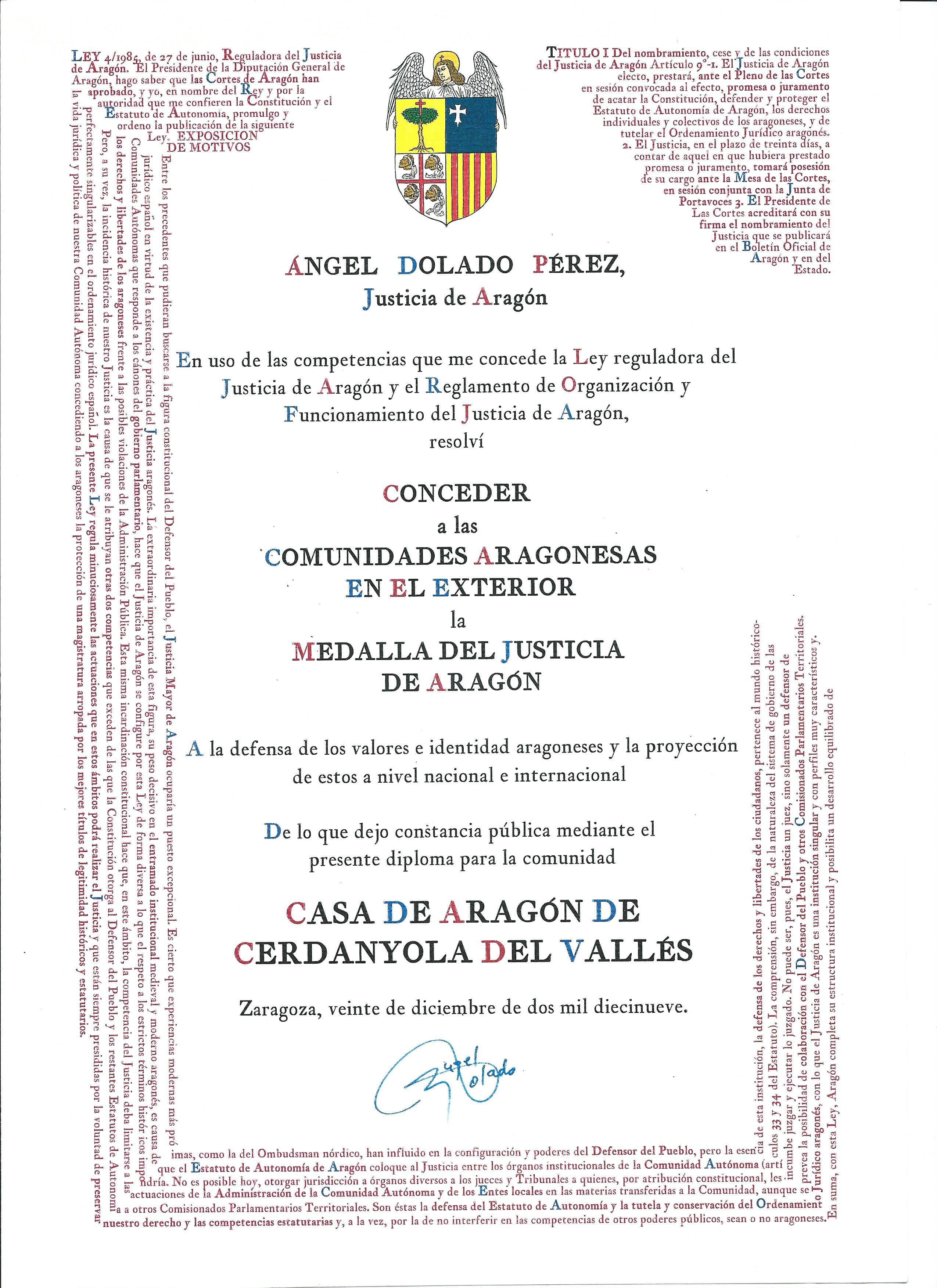 Diploma de la Casa de Aragón de Cerdanyola Diploma de la Casa de Aragón de Cerdanyola