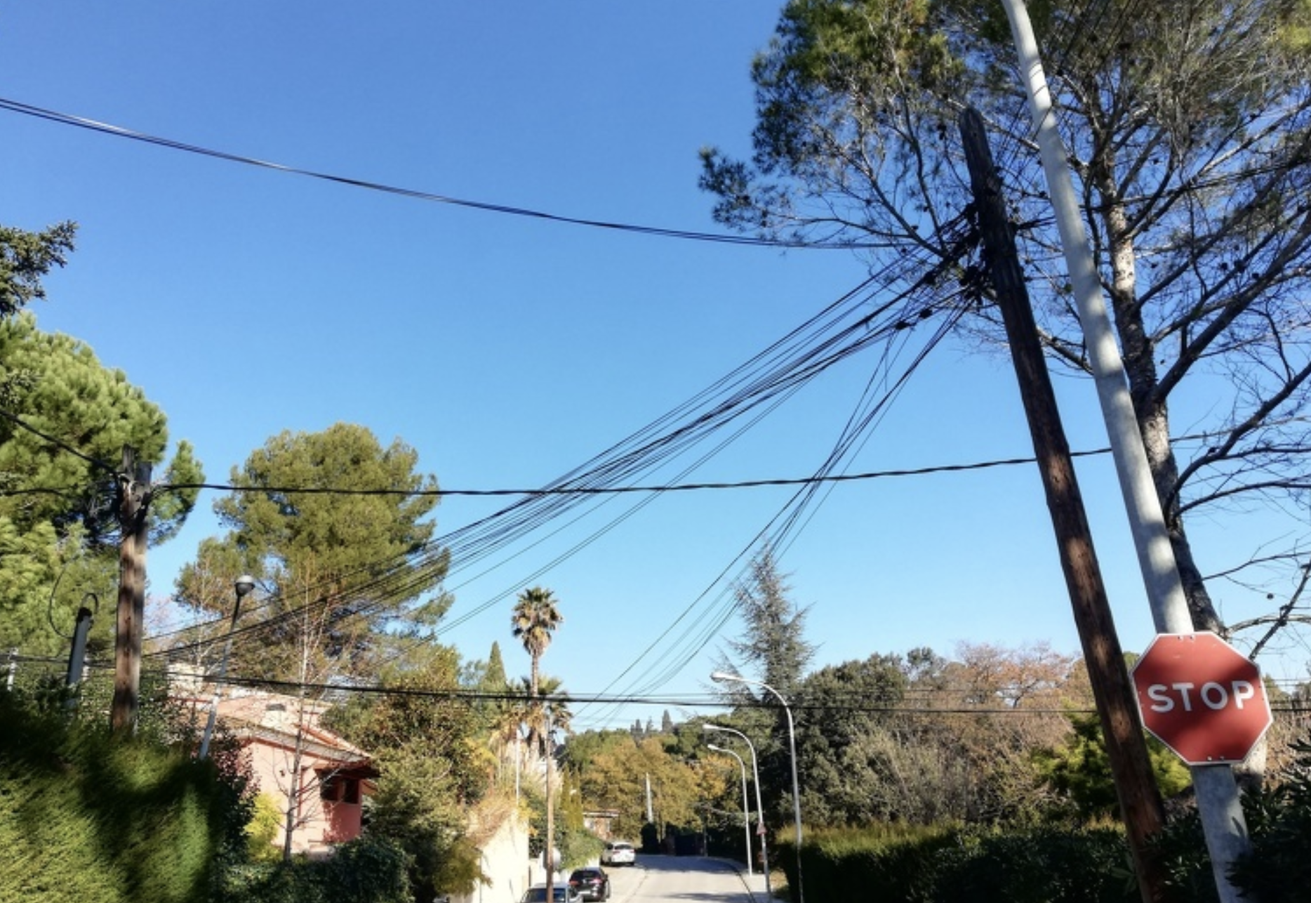 La pràctica totalitat del cablejat als carrers de Bellaterra penja de pals. FOTO: Toni Alfaro La pràctica totalitat del cablejat als carrers de Bellaterra penja de pals. FOTO: Toni Alfaro