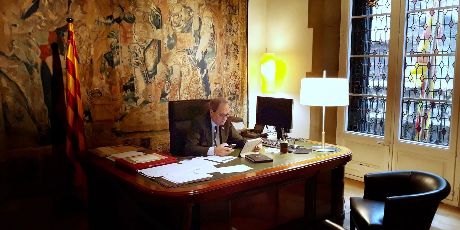 El president de la Generalitat, Quim Torra, durant la reunió telemàtica del Consell Executiu des de la Casa dels Canonges. FOTO: ACN