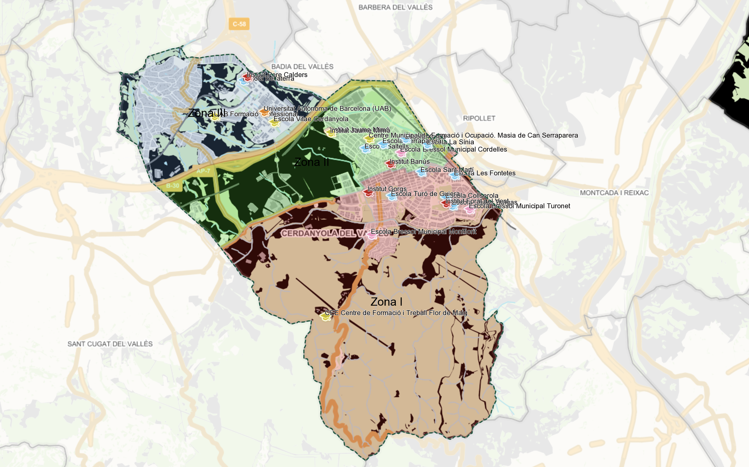 Mapa dels centres educatius a Cerdanyola.