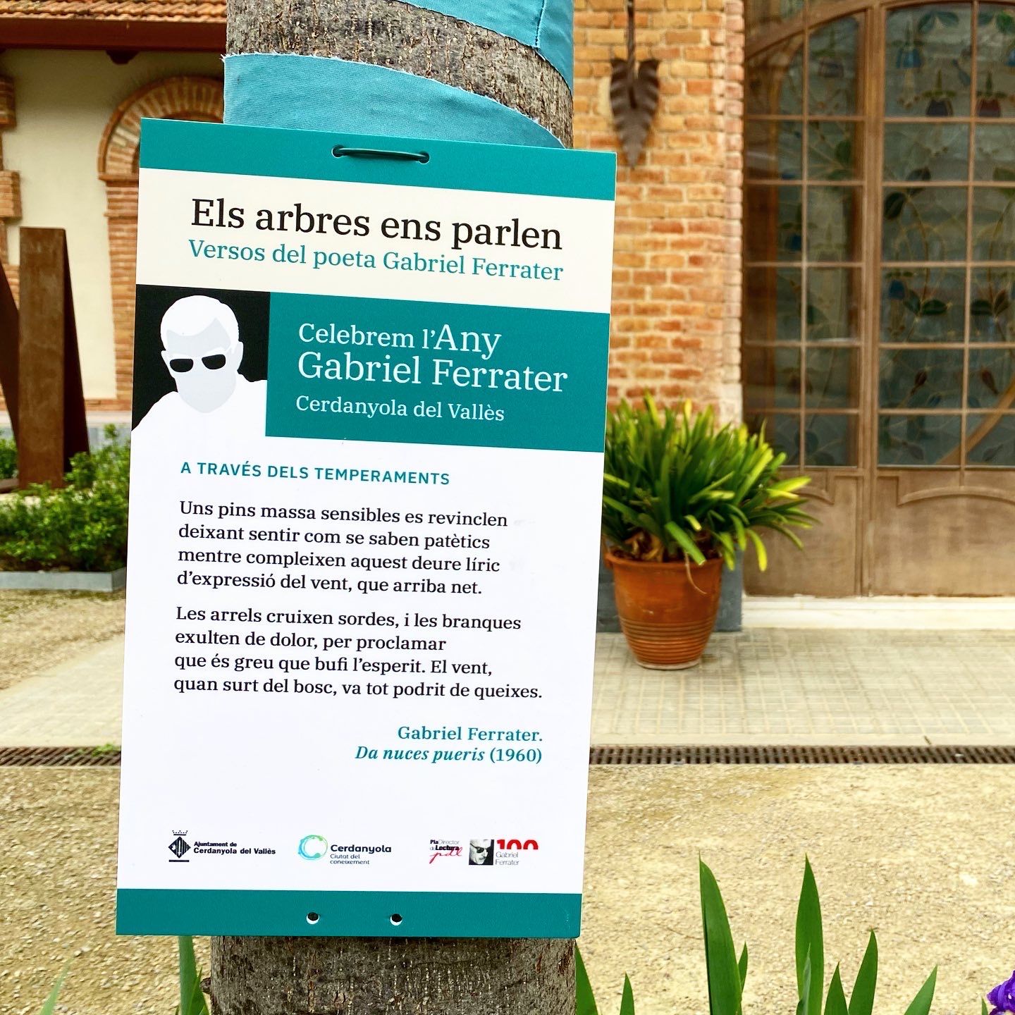 Cartell d'un poema de Gabriel Ferrater a un arbre del Museu d'Art de Cerdanyola. FOTO: Mónica GM