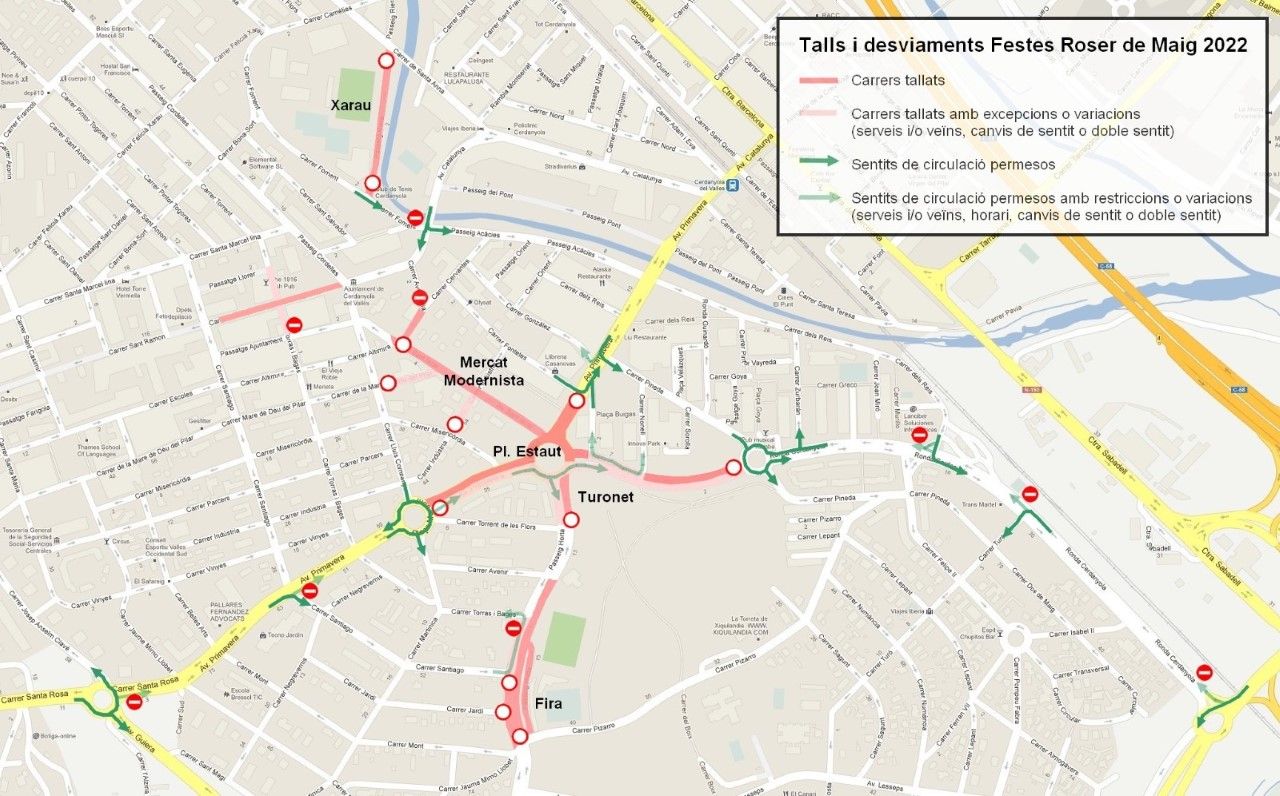 Mapa de les afectacions al trànsit durant la Festa Major del Roser de Maig. Font: Ajuntament de Cerdanyola