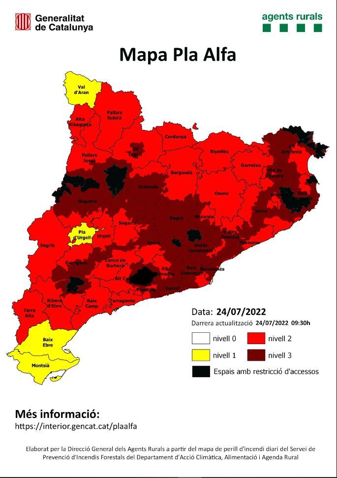 Mapa del risc d'incendi a Catalunya en el Pla Alfa. FOTO. Web Generalitat