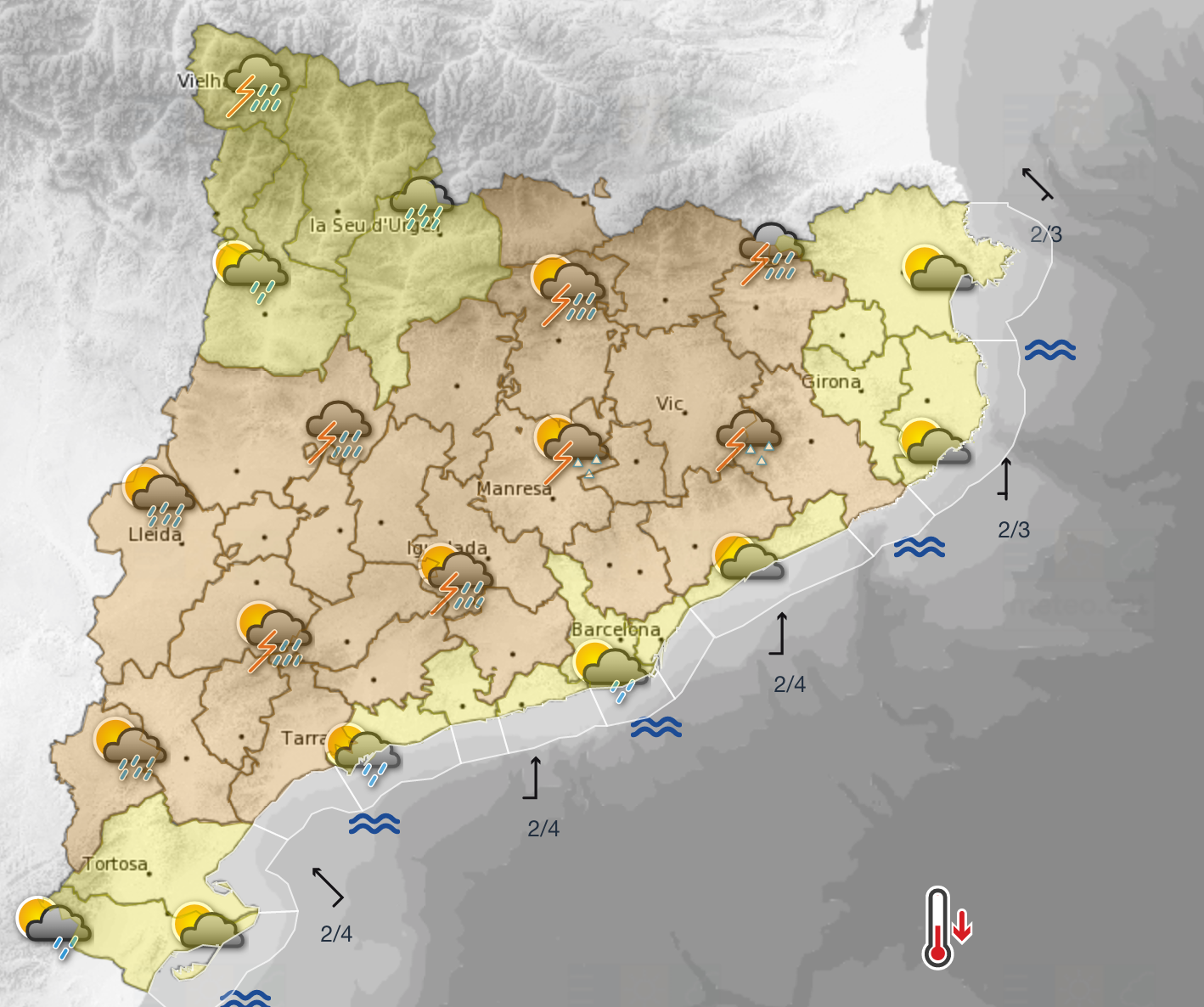 Mapa del Servei Meterològic de Catalunya per al dijous 25 d'agost. FOTO: Meteocat