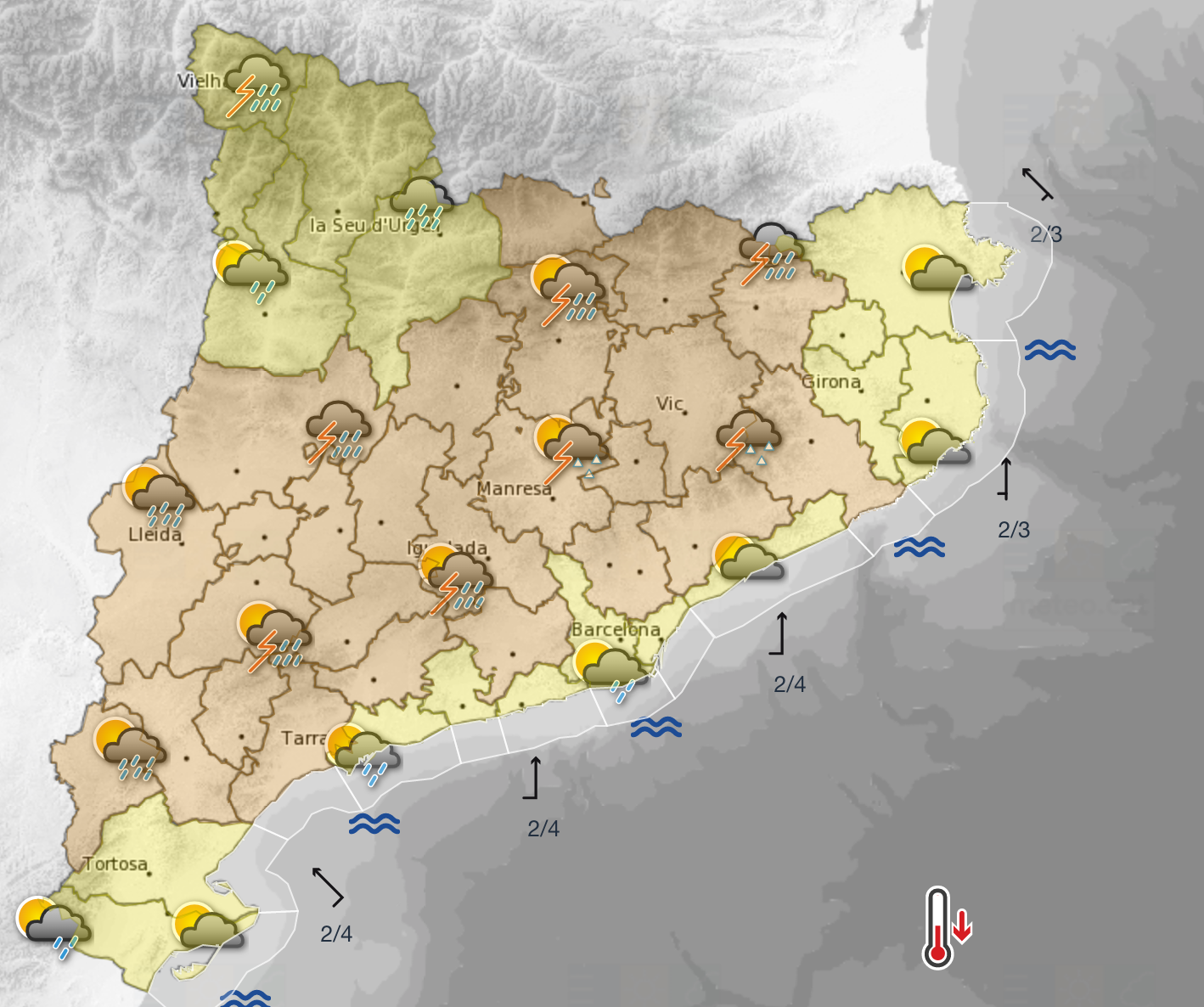 Mapa del Servei Meterològic de Catalunya per al dijous 25 d'agost. FOTO: Meteocat Mapa del Servei Meterològic de Catalunya per al dijous 25 d'agost. FOTO: Meteocat