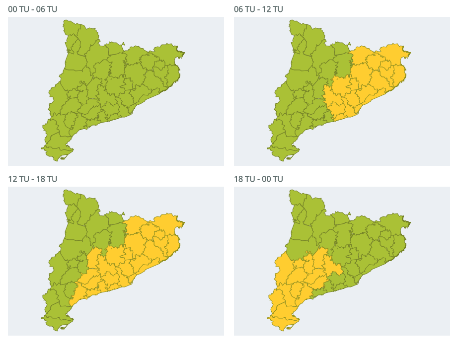 Avís de perill per nevades a Catalunya el 24 de gener de 2023. Font: Meteocat Avís de perill per nevades a Catalunya el 24 de gener de 2023. Font: Meteocat