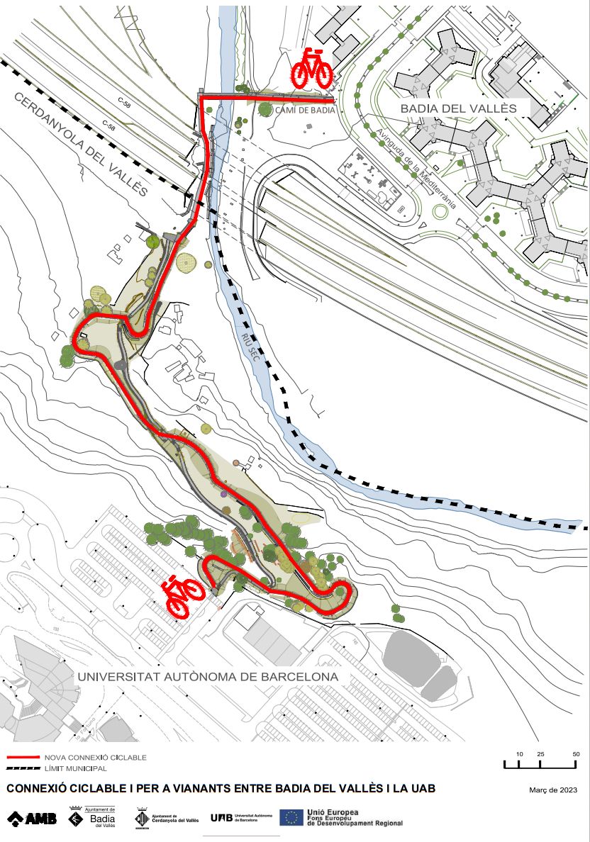 Recorregut del nou carril bici que uneix la UAB Badia del Vallès. Font: AMB Recorregut del nou carril bici que uneix la UAB Badia del Vallès. Font: AMB