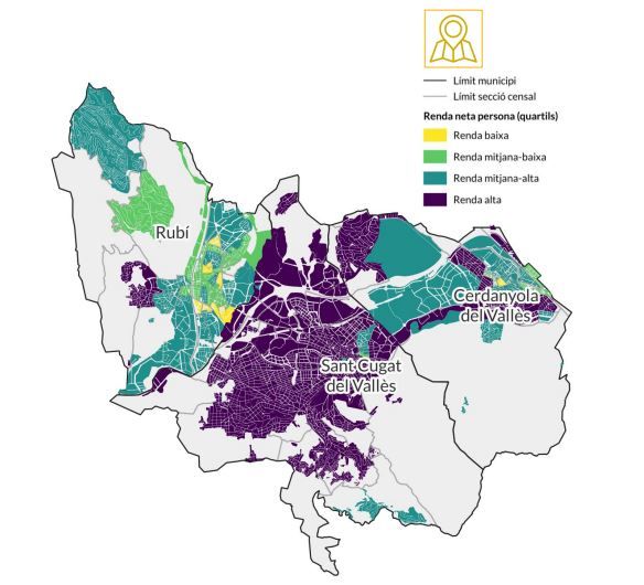 Mapa de distribució de la renda a Rubí, Sant Cugat i Cerdanyola. FOTO: CCVO