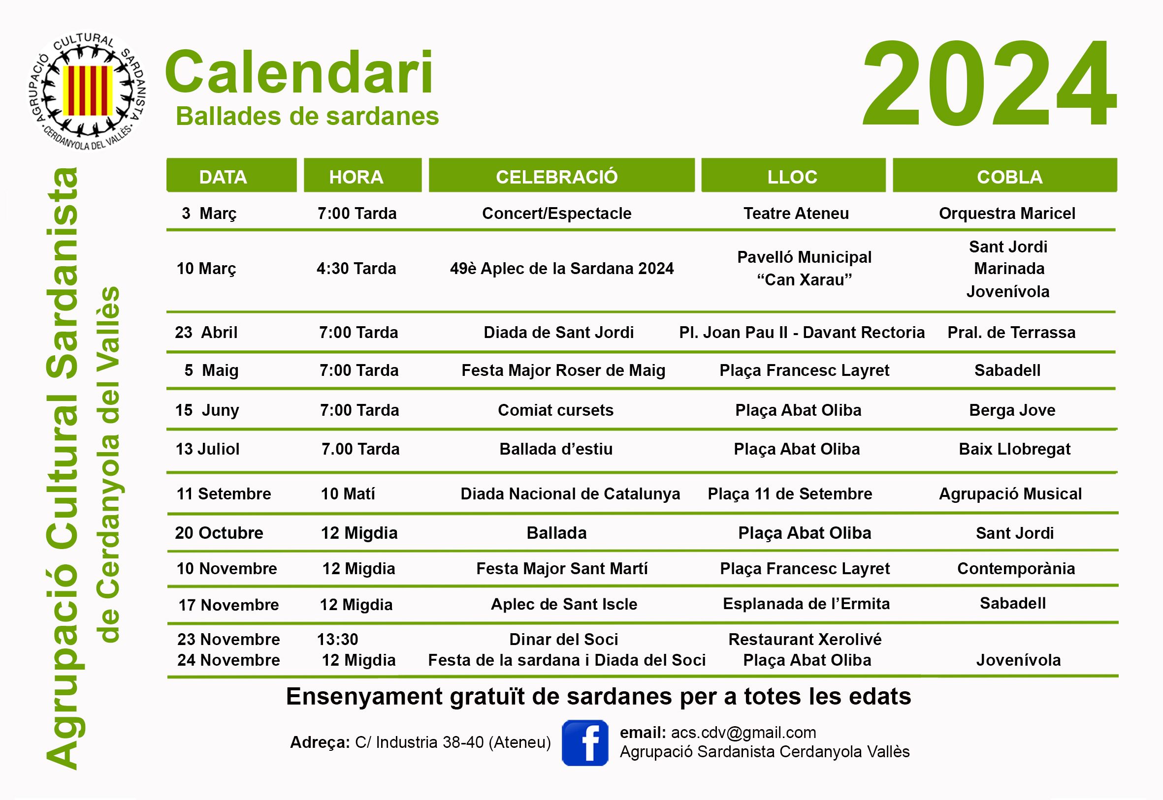 Calendari de ballades de l'Agrupació Cultural Sardanista al 2024. FOTO: Cedida
