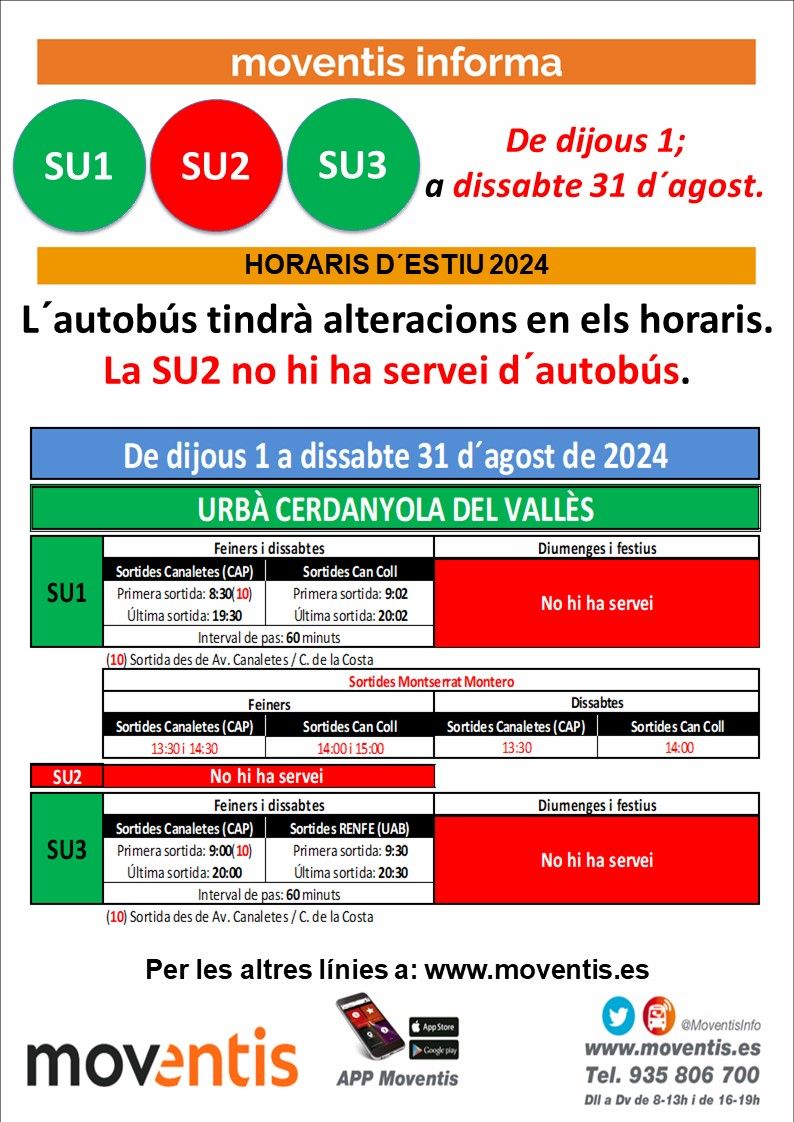 Horaris del busos urbans de Cerdanyola durant l'agost. FOTO: @MoventisInfo Horaris del busos urbans de Cerdanyola durant l'agost. FOTO: @MoventisInfo