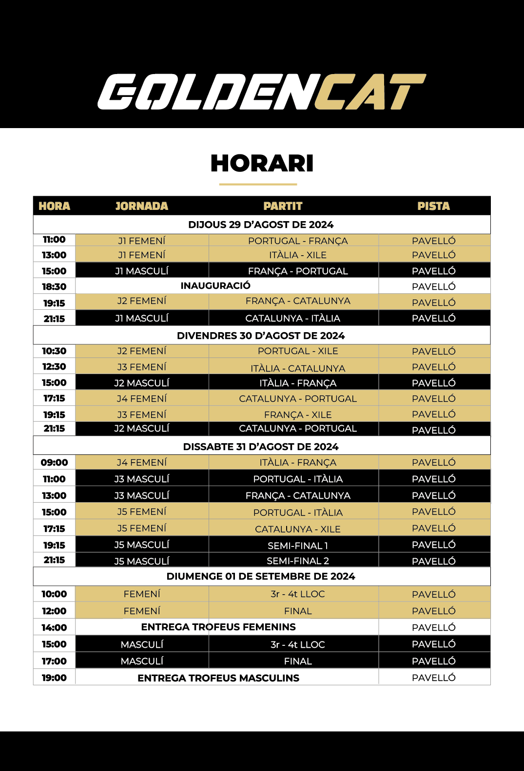 Horaris de la GoldenCat 2024. FOTO: FeCaPa Horaris de la GoldenCat 2024. FOTO: FeCaPa
