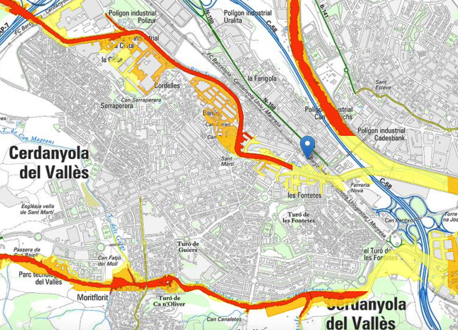 Mapa de Cerdanyola amb les zones inundables. FOTO: Protecció Civil Mapa de Cerdanyola amb les zones inundables. FOTO: Protecció Civil