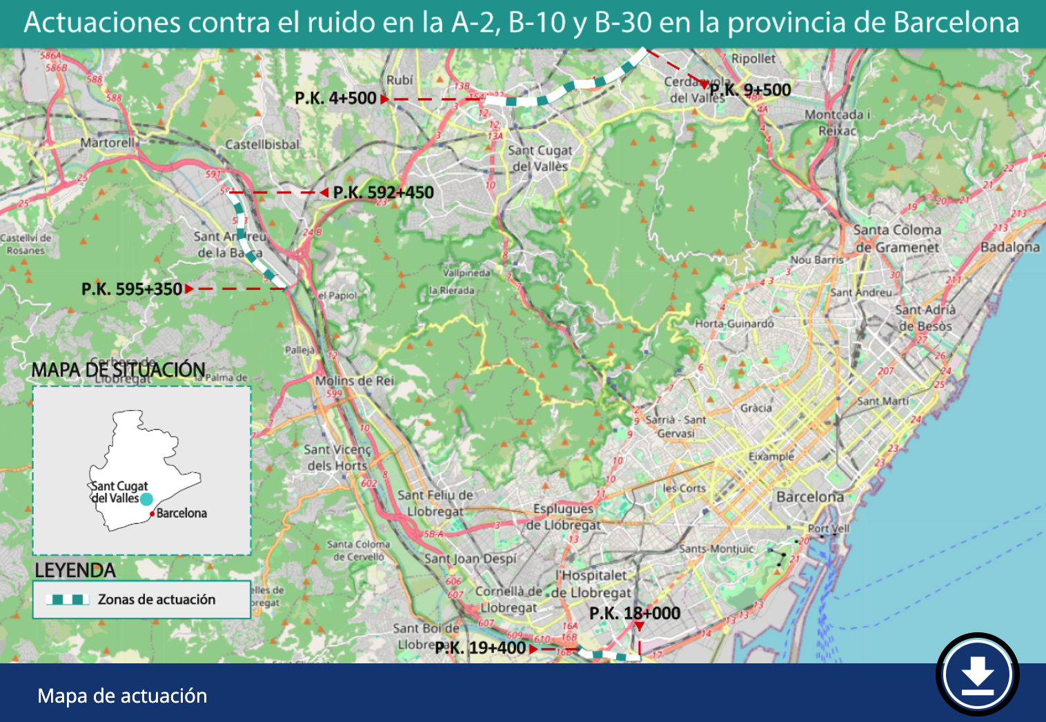 Mapa d'actuació a la B-30 entre Cerdanyola i Sant Cugat. FOTO: Ministerio de Transportes y Mobilidad Sostenible Mapa d'actuació a la B-30 entre Cerdanyola i Sant Cugat. FOTO: Ministerio de Transportes y Mobilidad Sostenible