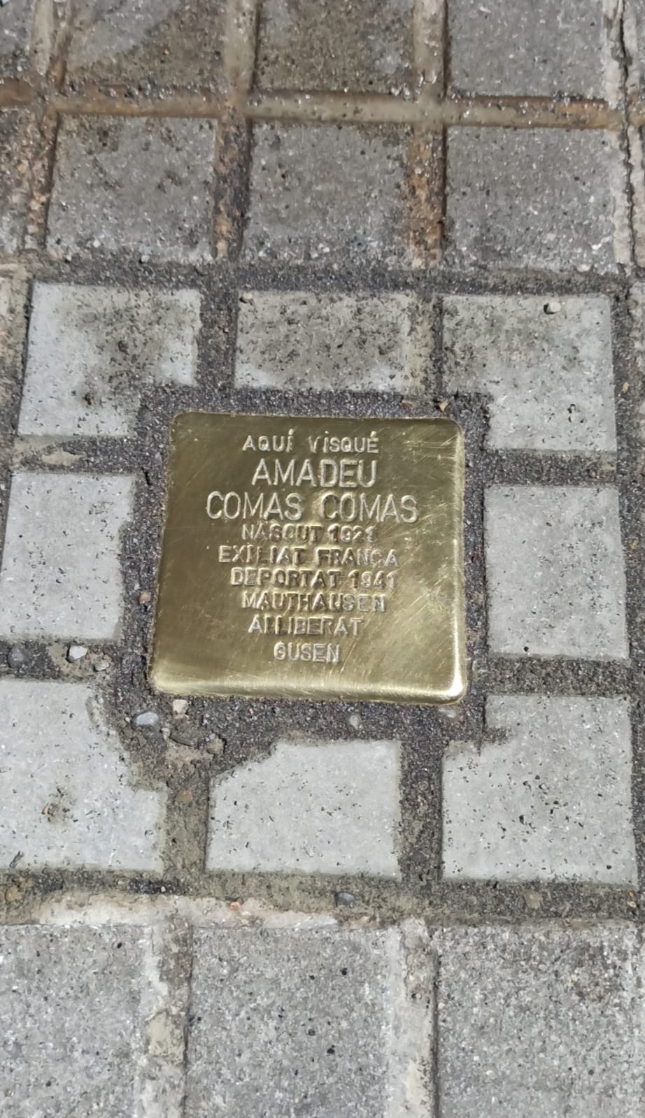 Per llegir el gravat de la pedra cal ajupir-se, un gest que simbolitza respecte i humanitza les víctimes dels camps nazis. Foto: Danny Romero.