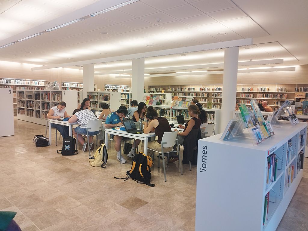 Universitaris estudiant a la Biblioteca Central de Cerdanyola, plena d'activitat els dies anteriors als examens de Selectivitat. FOTO: Judit Josa 