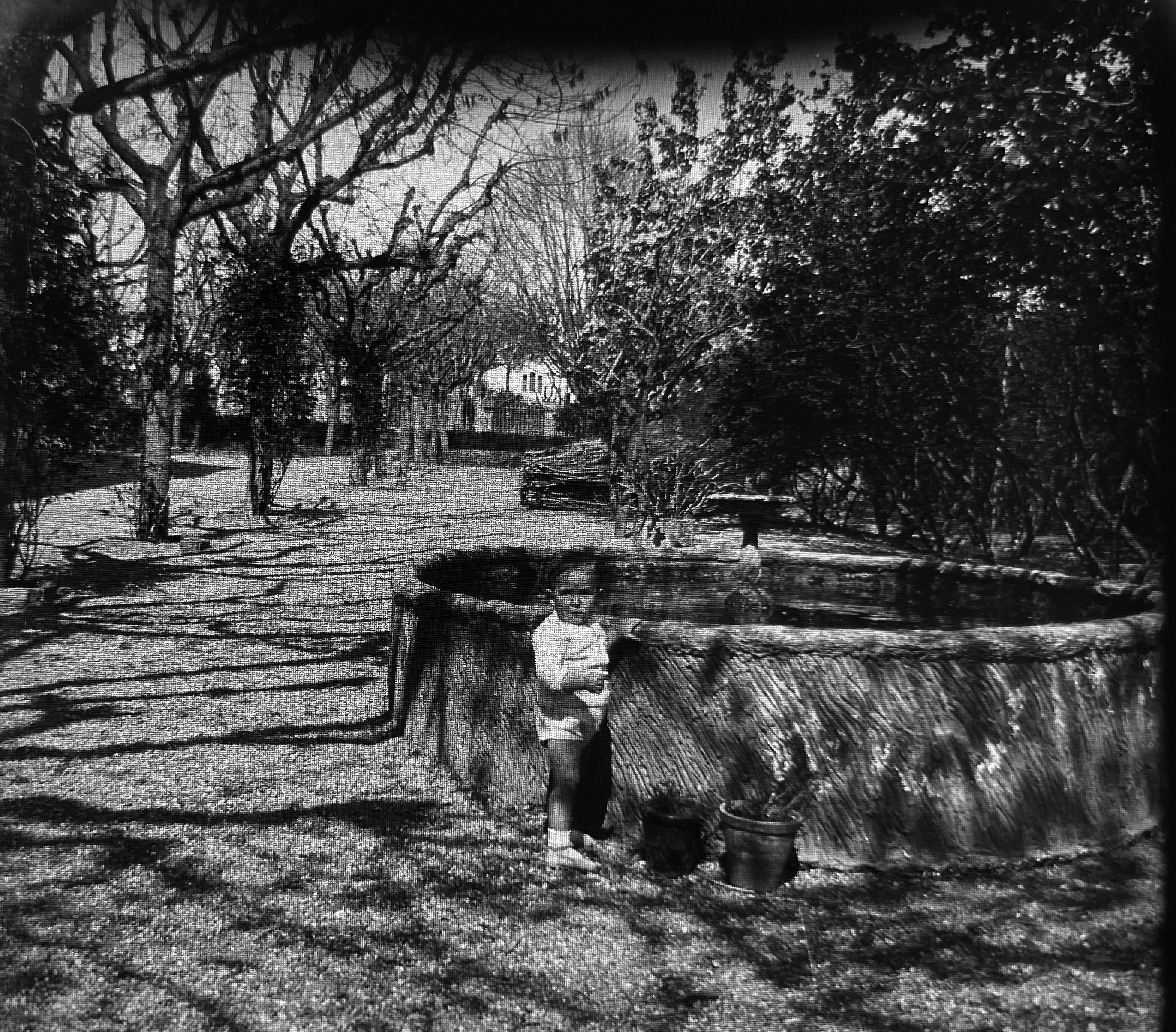 Infant i bassa a l’ombra. Un nen petit recolzat sobre una bassa en un jardí  d’aquestes propietats burgeses. FOTO: Família Recolons / @GREC