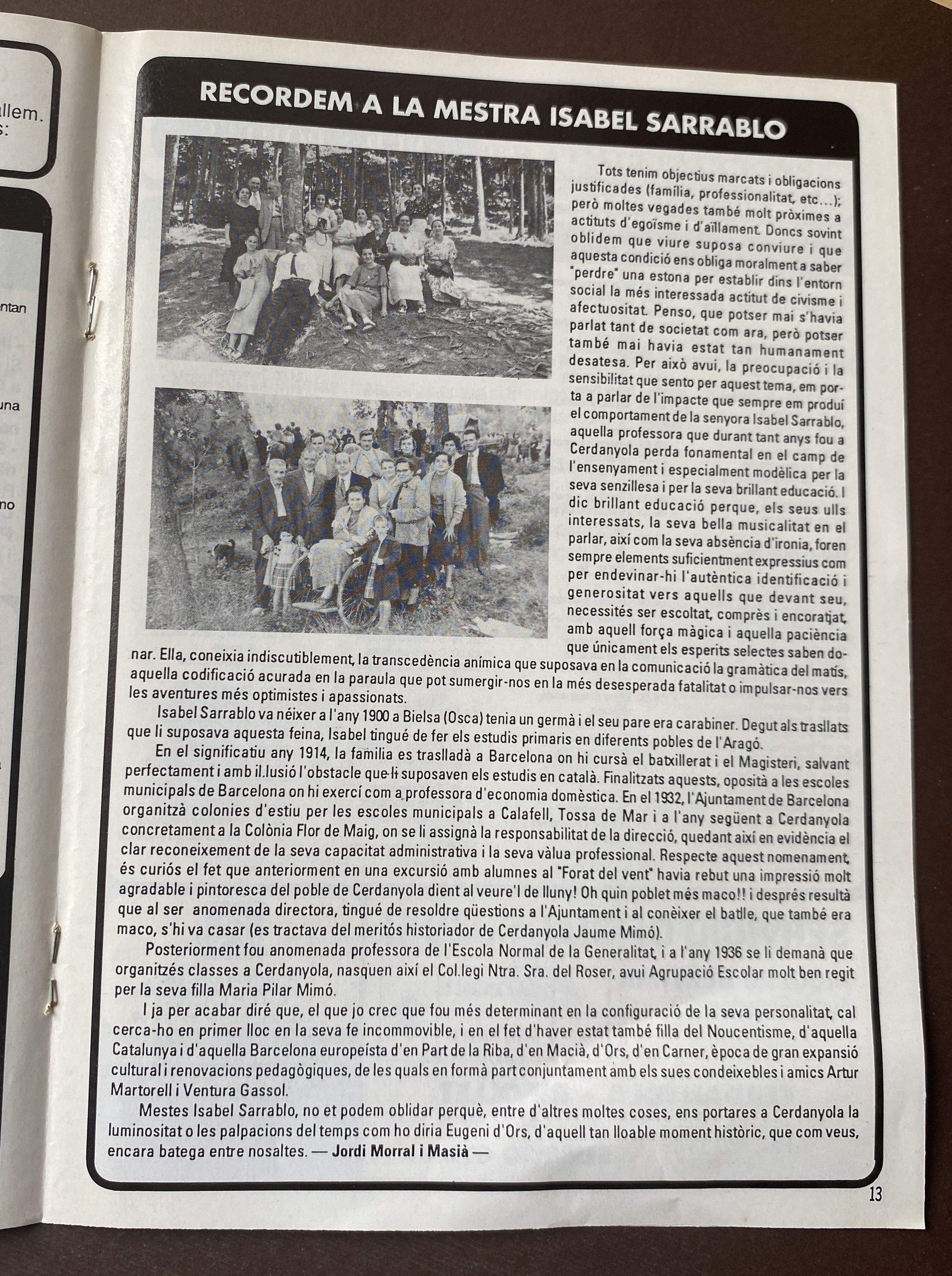 Portada del Article de Jordi Morral Masià dedicat a la mestra  Sarrablo i la Colònia Flor de Maig, els anys 1930 