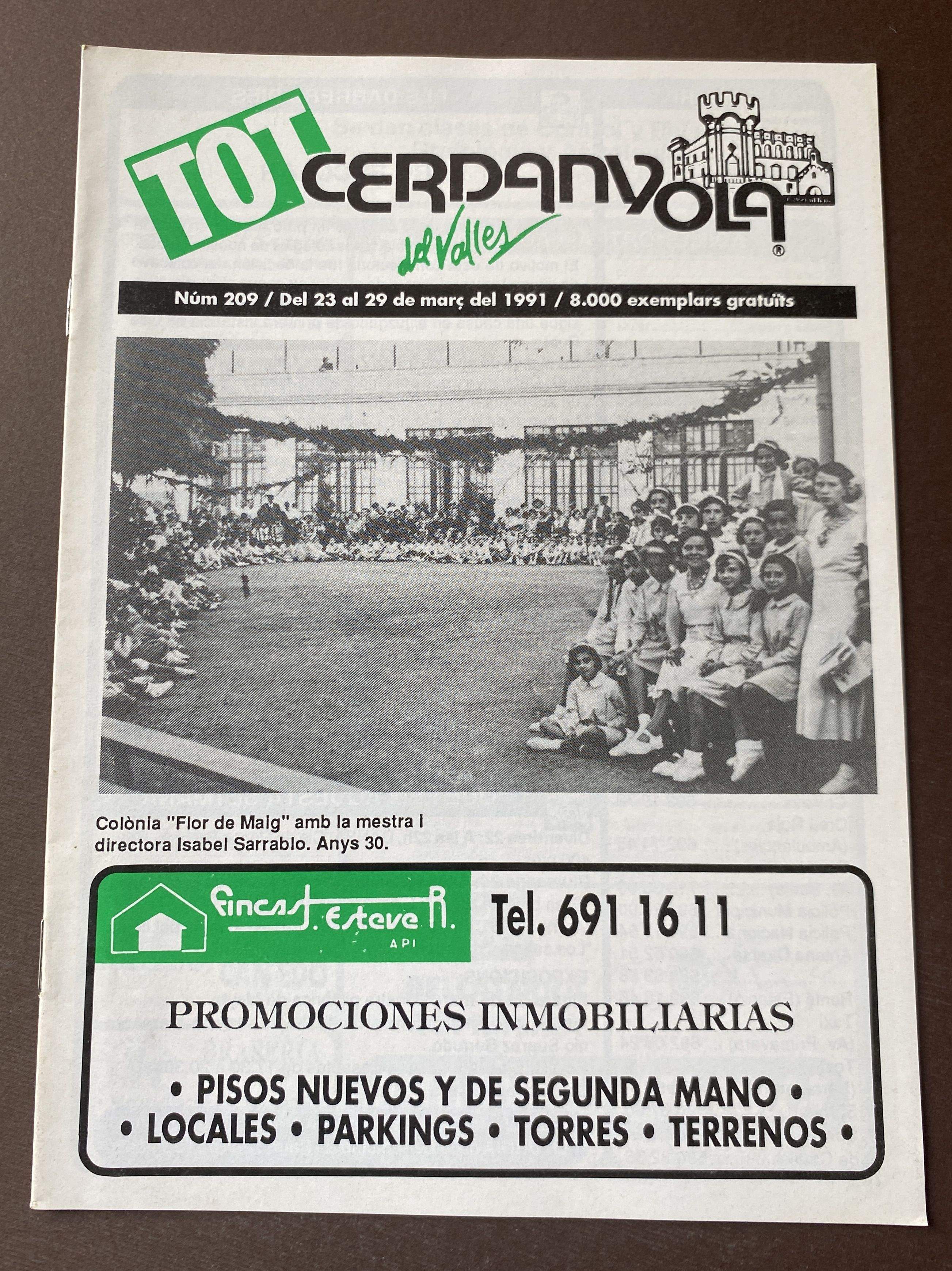 Portada del TOT 209, amb l'article dedicat a la mestra  Sarrablo i la Colònia Flor de Maig, els anys 1930 
