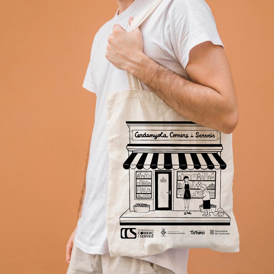 Bosses reutilitzables amb il·lustració de Cerdanyola Comerç i Serveis. Foto: Cedida