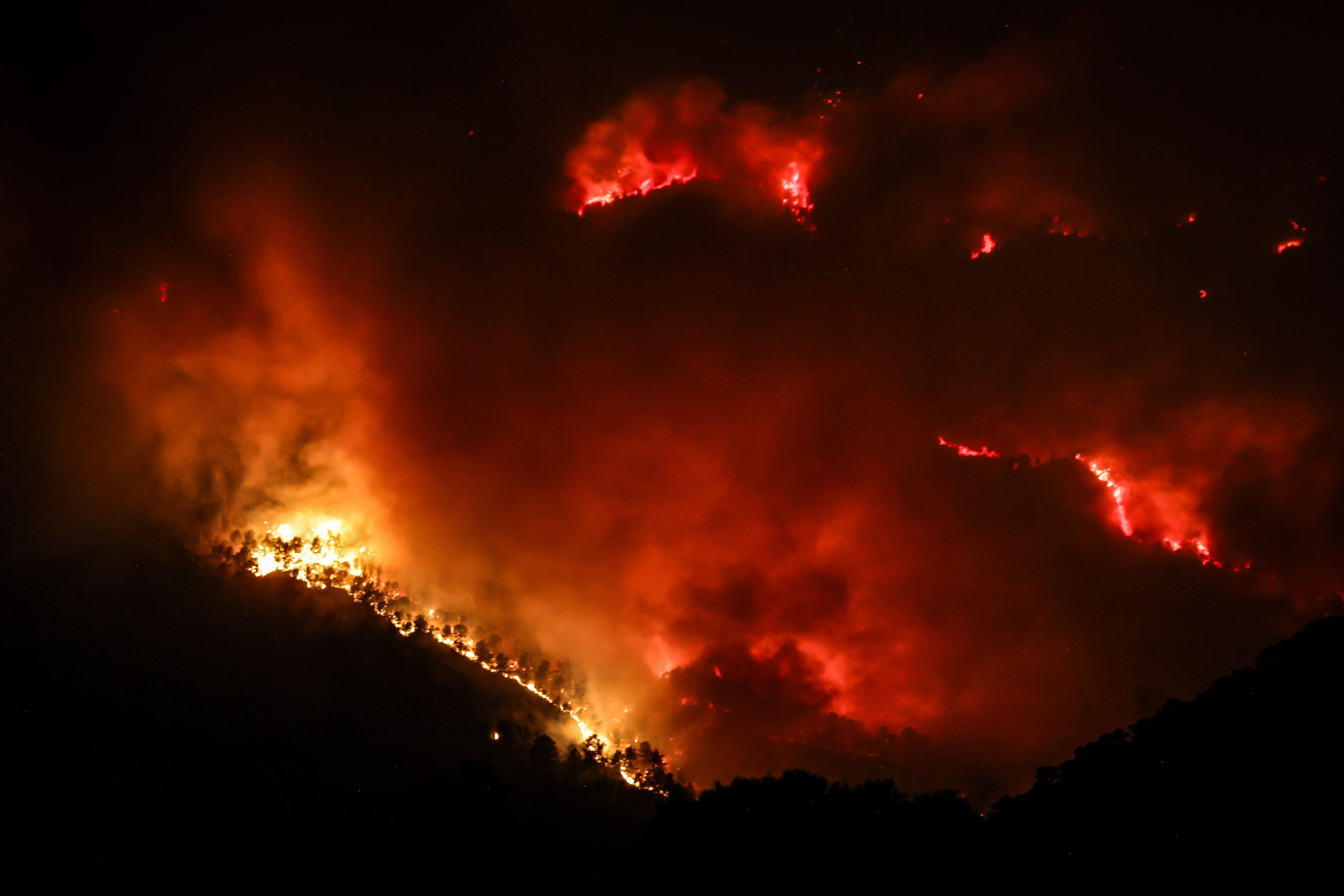 Les flames que cremen a l'incendi de Paüls a la zona del Parc Natural dels Ports, a Tortosa. Foto: ACN