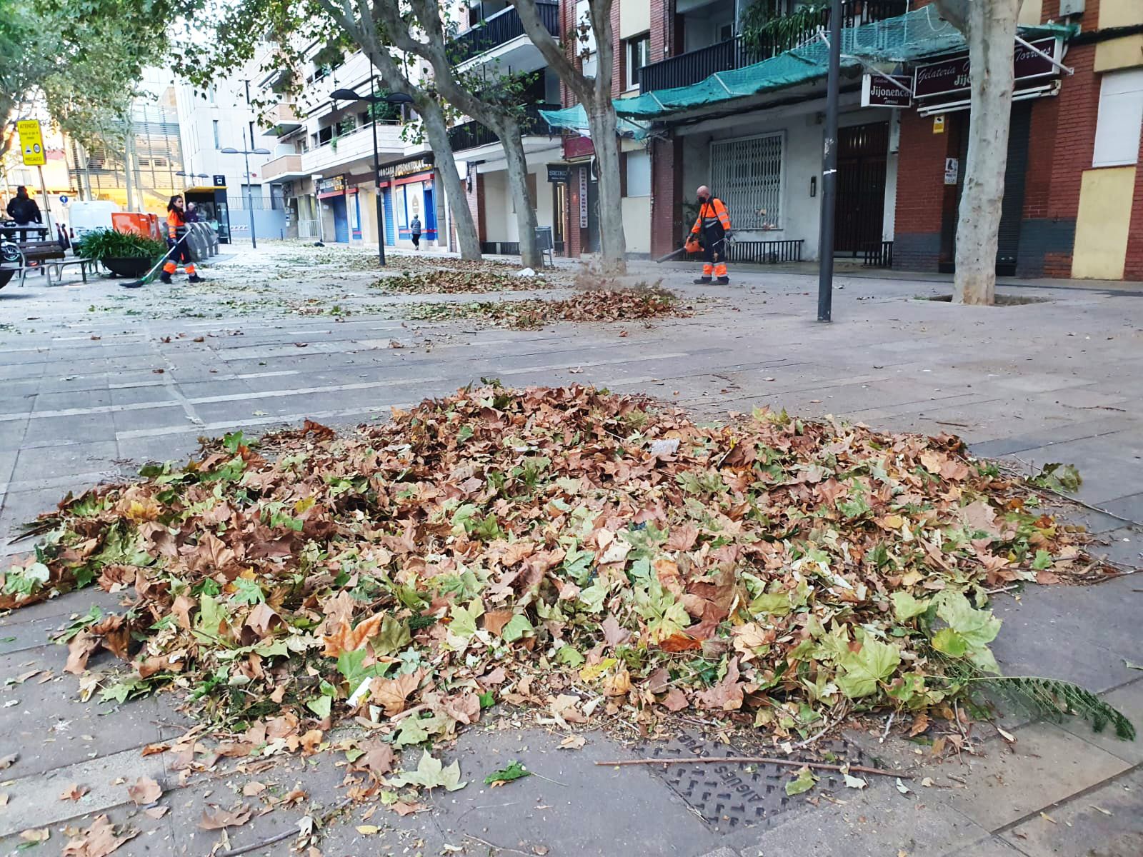 Operaris netejant a la plaça Enric Granados, amb muntanyes de fulles en primer pla, la matinada del 24. Foto: Judit Josa.