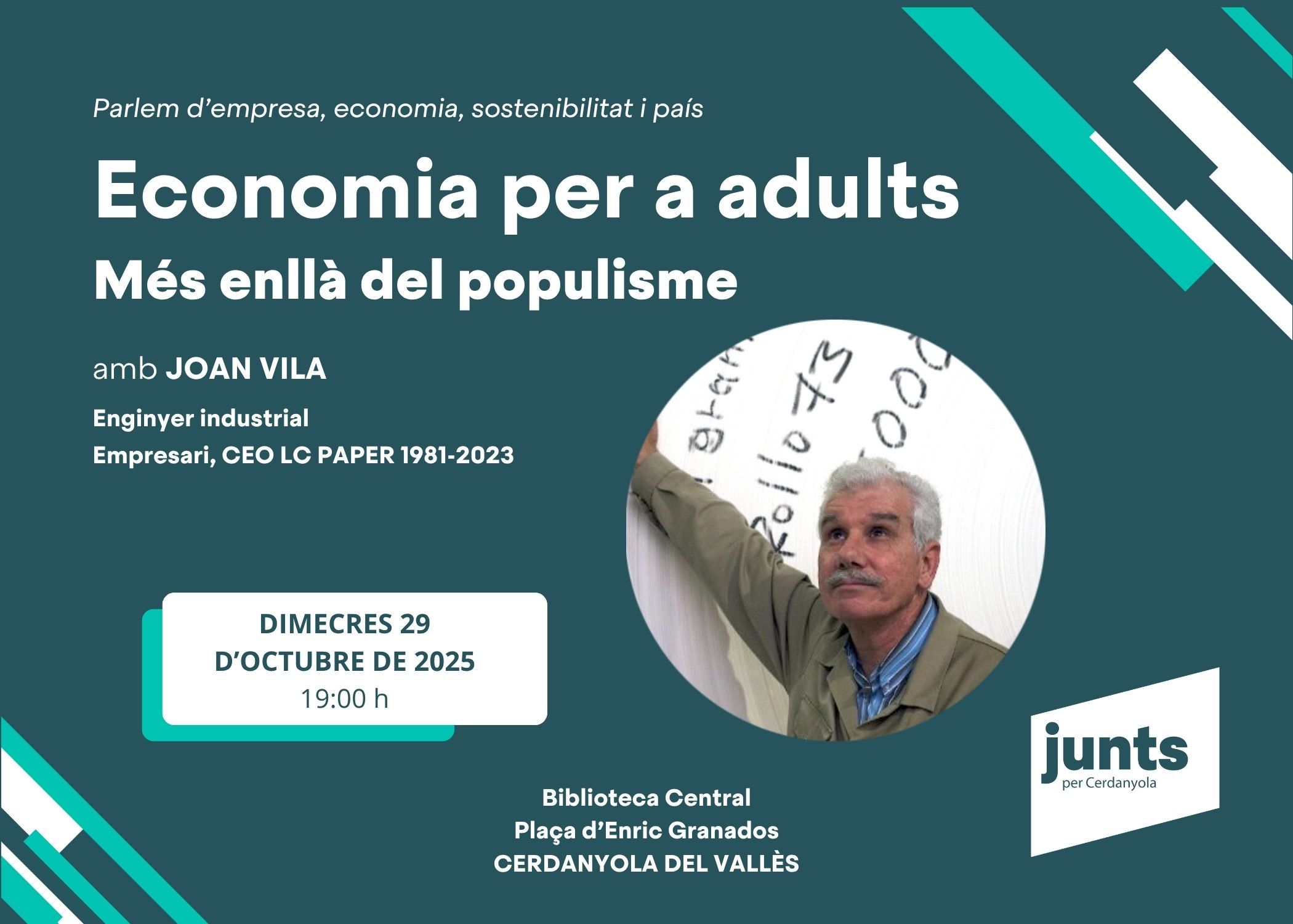 Imatge del cartell de la conferència de Joan Vila, dimecres, a la Biblioteca, organitzada per Junts.