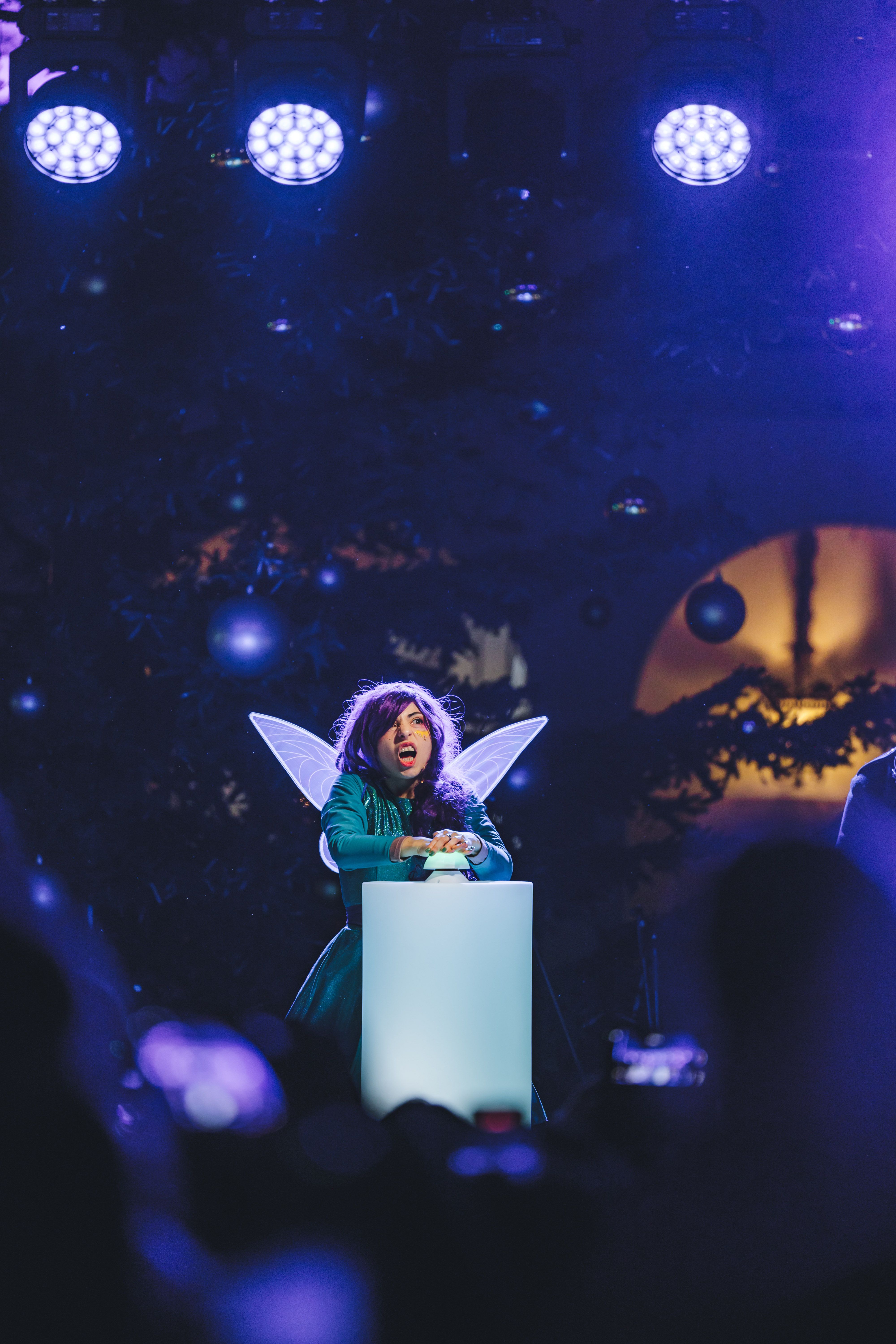 La Fada Alba prem el botó que encén la llum de Nadal, serà un dels intents fallits de l'espectacle? FOTO: Arnau Padilla