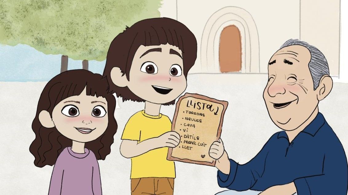 Il·lustració extreta del conte amb els protagonistes a l'Abat Oliba. Autora: Davinia Pujol