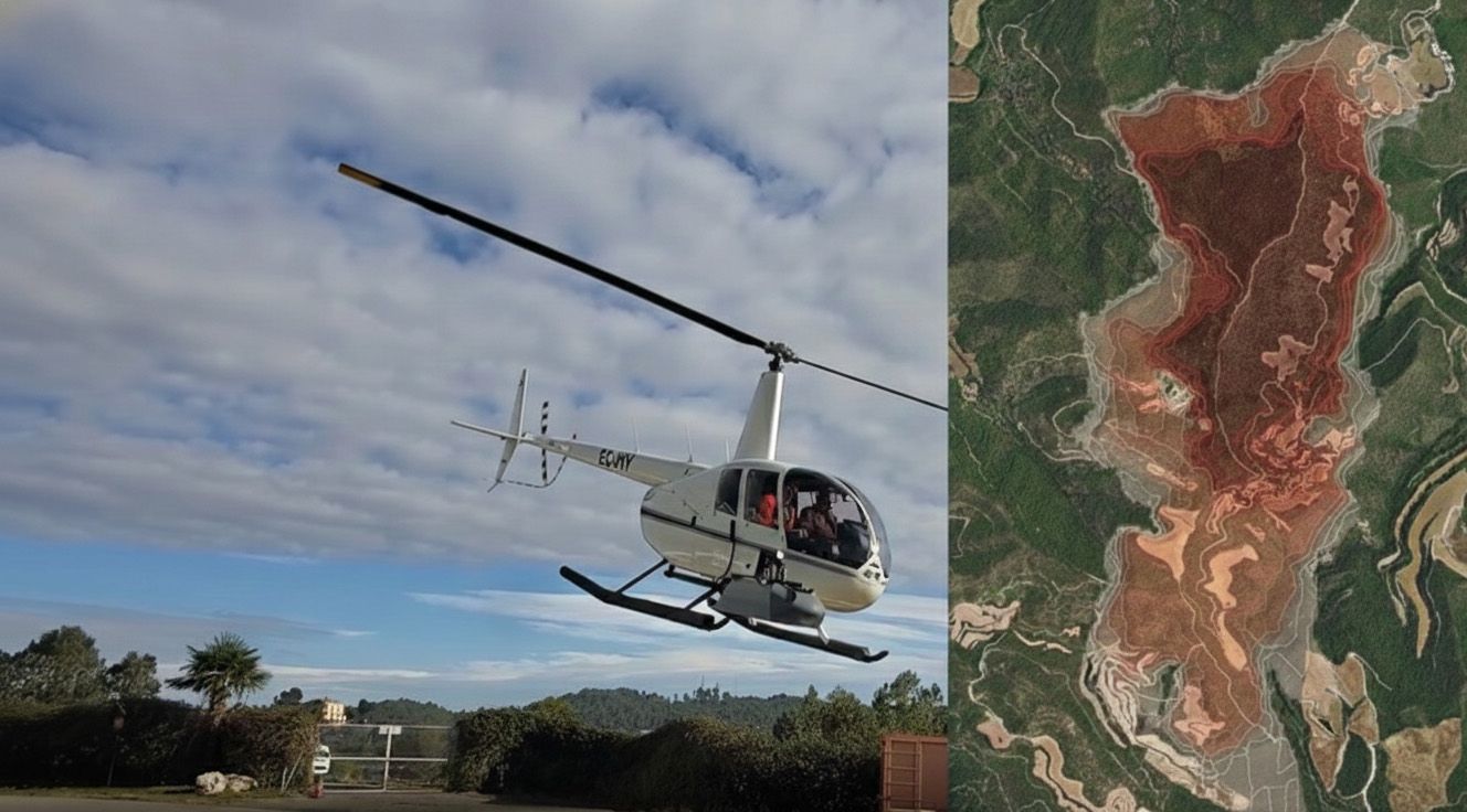  Helicòpter equipat amb sensors LiDAR, càmeres òptiques i càmeres tèrmiques. A la dreta, imatge del resultat de la simulació amb el mapa de probabilitat de la propagació de l'incendi. FOTO: UAB