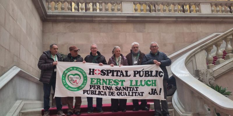 Alguns membres de la plataforma a les escales del Parlament de Catalunya. Foto: Plataforma en defensa sanitat pública