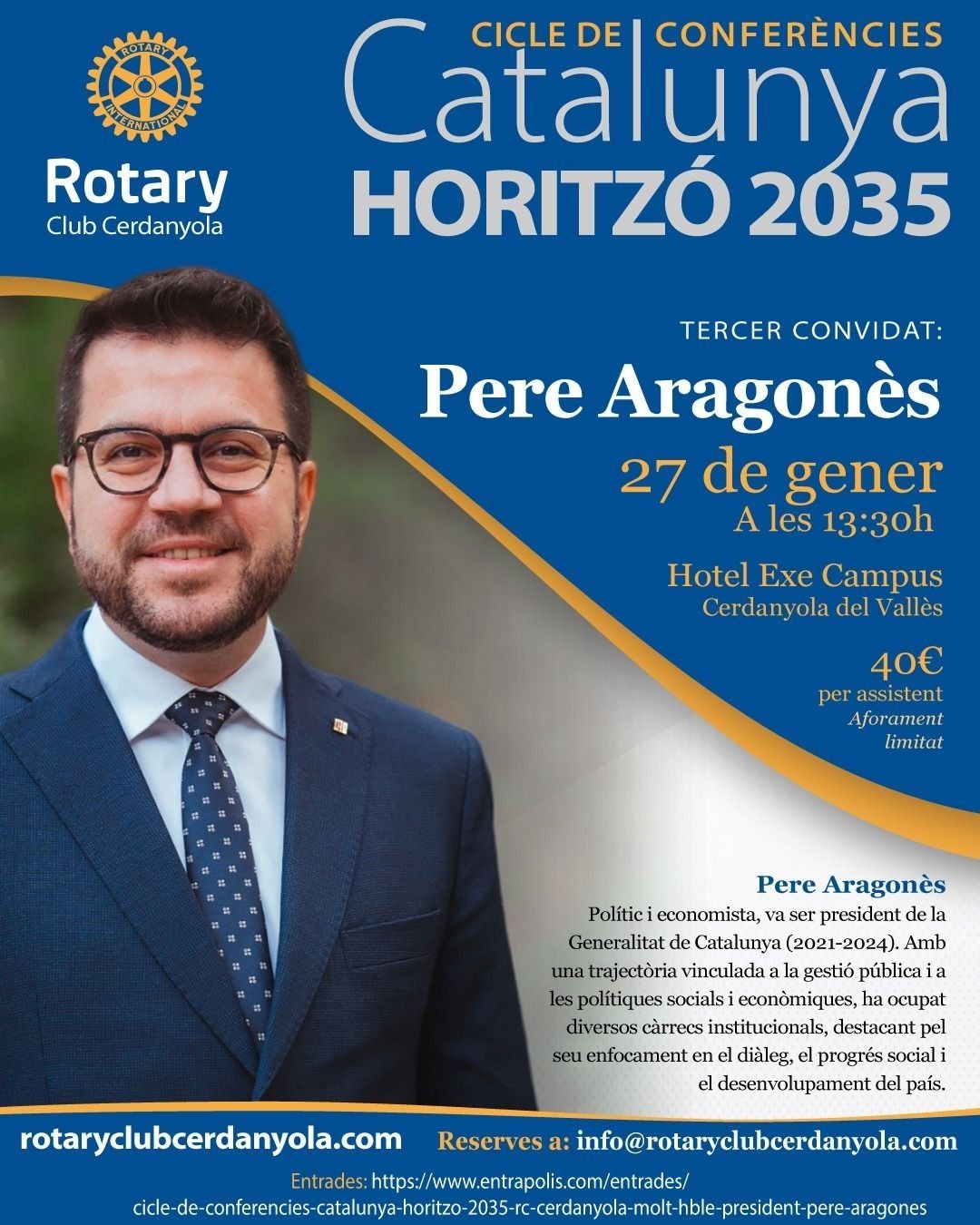 Cartell de la conferència dinar de Rotary Cerdanyola amb l'expresident Pere Aragonès 