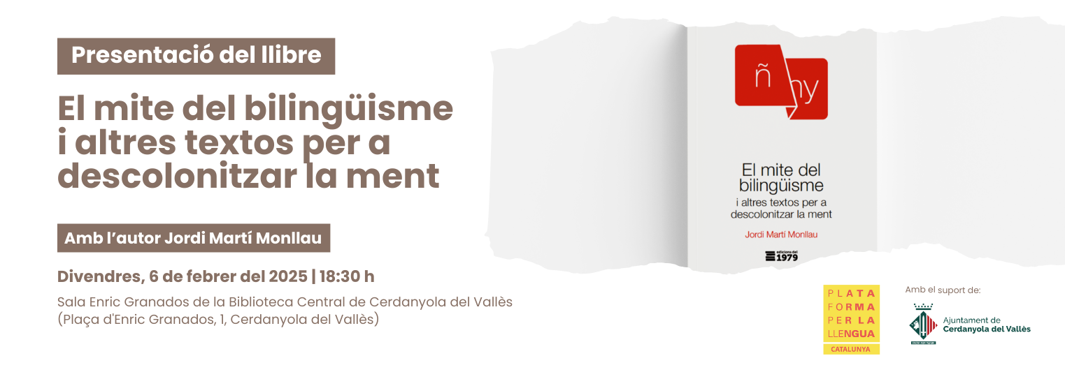 Cartell de la Plataforma per la Llengua amb la presentació del llibre de Jordi Martí Monllau Cerdanyola