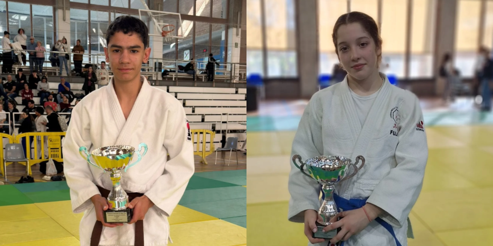 Hugo Mendoza (-55 kg) i Marta Recuero (-57 kg) amb els seus trofeus. Foto: Cerdanyola Club Judo Vallès