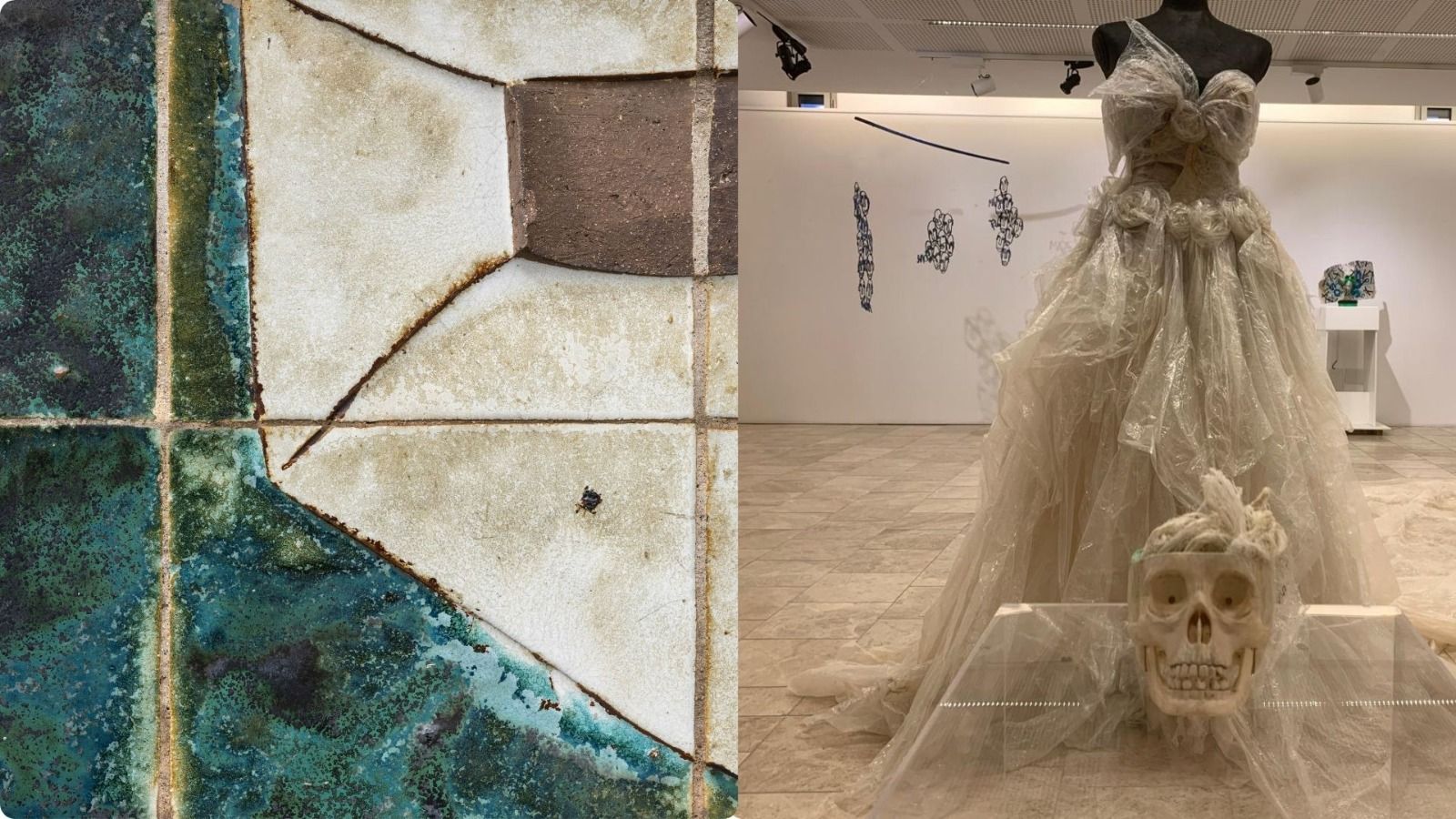 Detall del mural ceràmic d’Elisa Arimany a la façana de l’Ajuntament i una peça de l’exposició Plastificades, d’Aina Lúa, dues de les propostes amb què el MAC reivindica la creació femenina. FOTO: Arnau Padilla / Judit Josa