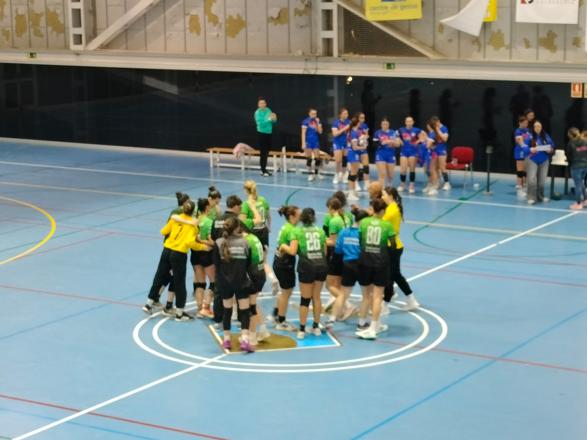 Jugadores del Club Handbol Cerdanyola i del CH Montbui es saluden al final del partit. Foto: Quim Closa.