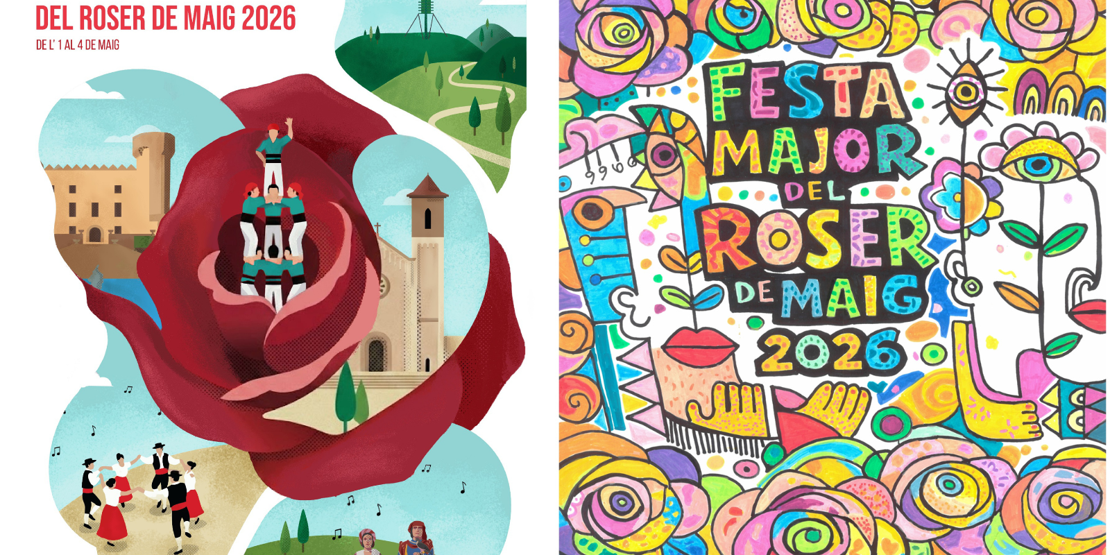 A l'esquerra, el cartell de la festa major, per Janny Cardama, i a la dreta el cartell infantil, per Lluís Calvó