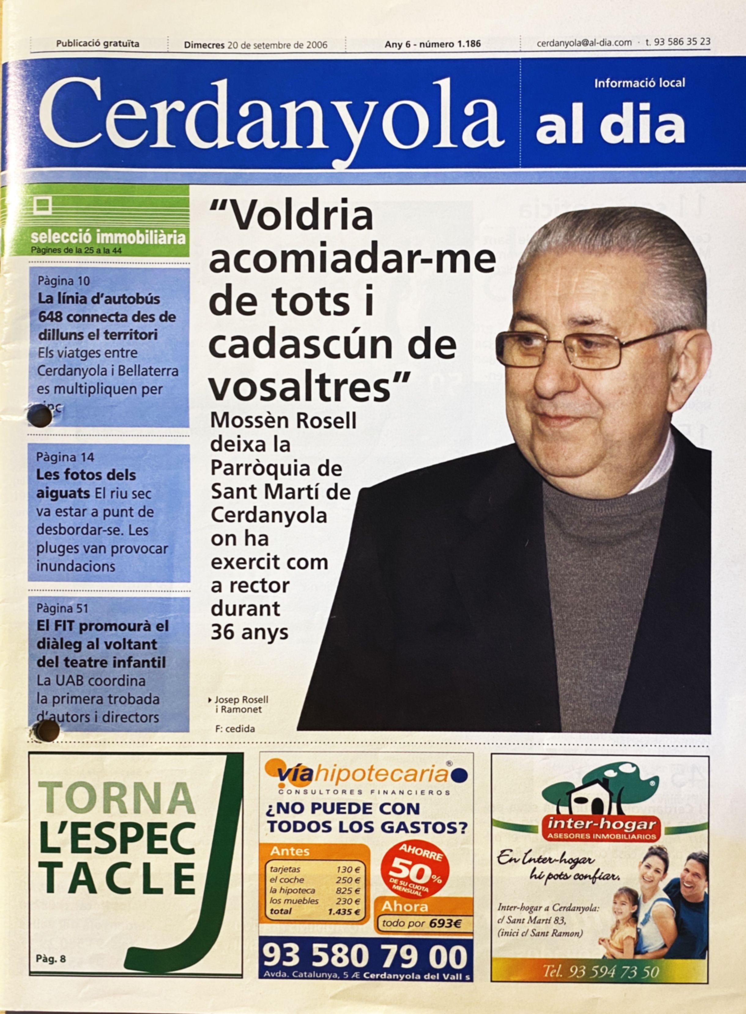 Portada del setmanari Cerdanyola al dia (20 de setembre de 2006) amb el comiat de mossèn Josep Rosell després de 36 anys al capdavant de la Parròquia de Sant Martí. FOTO: Arxiu