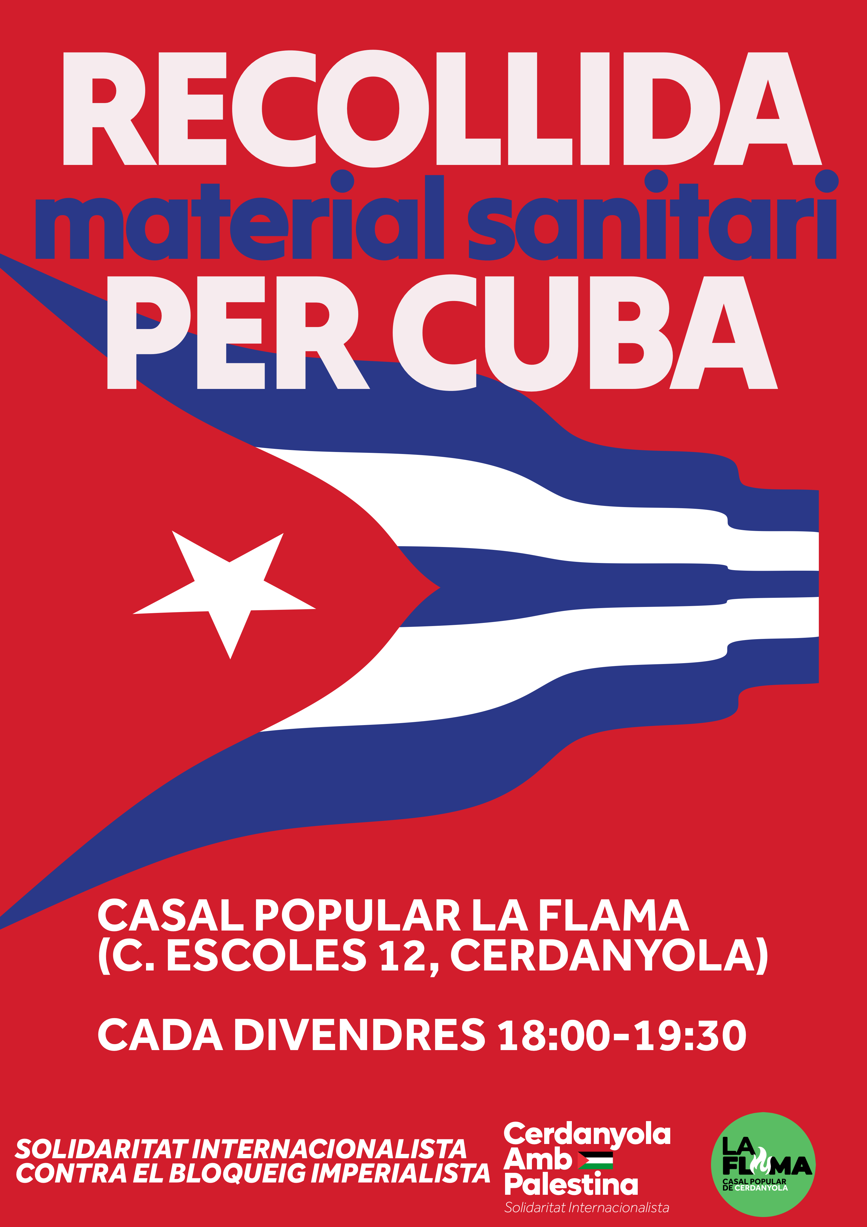 Cartell de recollida de material sanitari per Cuba, primera campanya de Cerdanyola amb Palestina - Solidaritat internacionalista