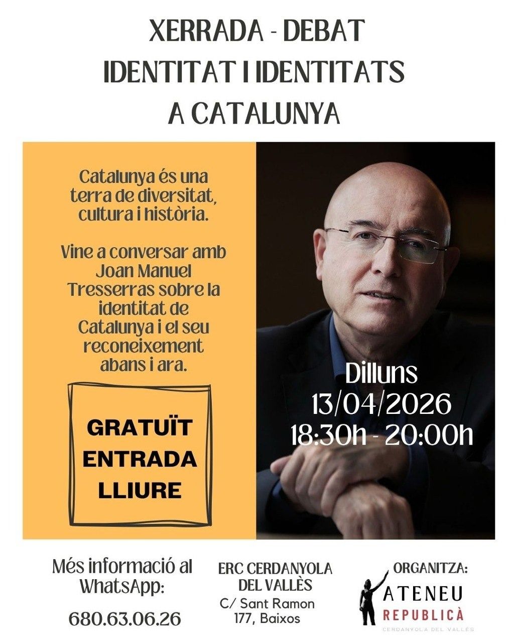 Cartell de la Xerrada debat de l'Ateneu Republicà, amb Josep Maria Teresseras