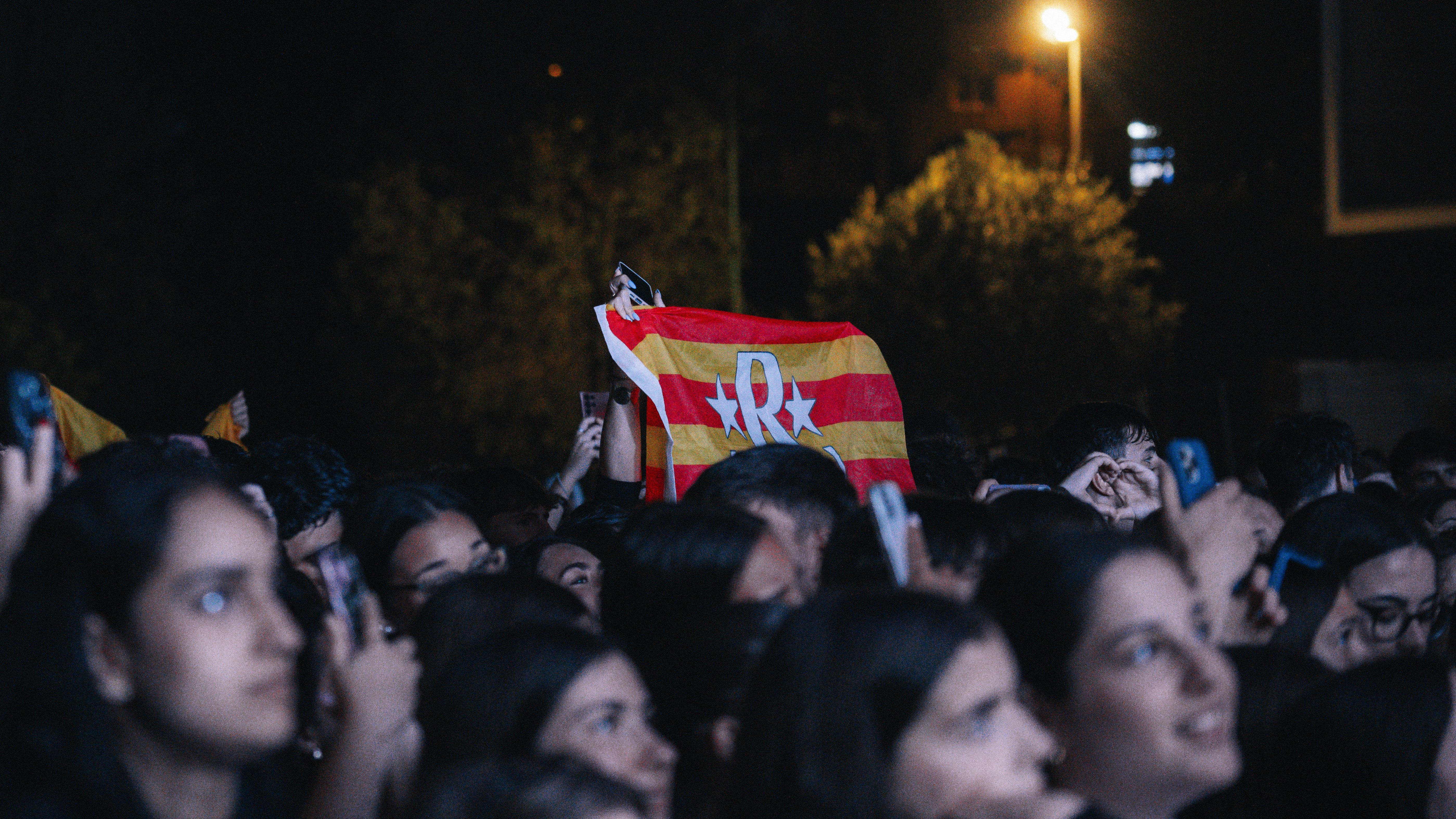 El públic aixeca una bandera amb el logotip del grup durant el concert. També es va exhibir l'estelada. FOTO: Mauri Blázquez