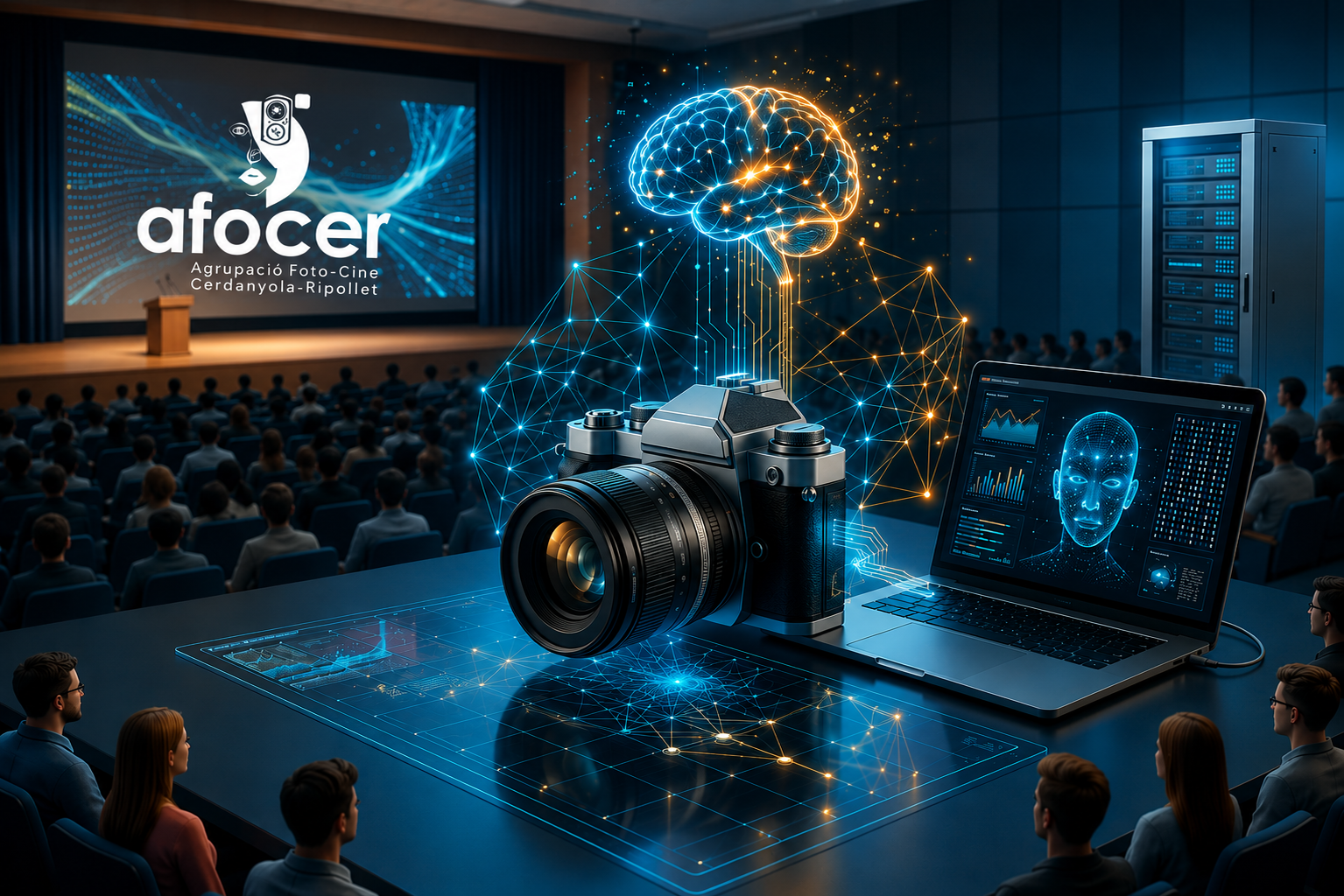 Imatge generada amb intel·ligència artificial a partir del cartell original de la xerrada d’AFOCER sobre IA aplicada a la fotografia. FOTO: IA / AFOCER