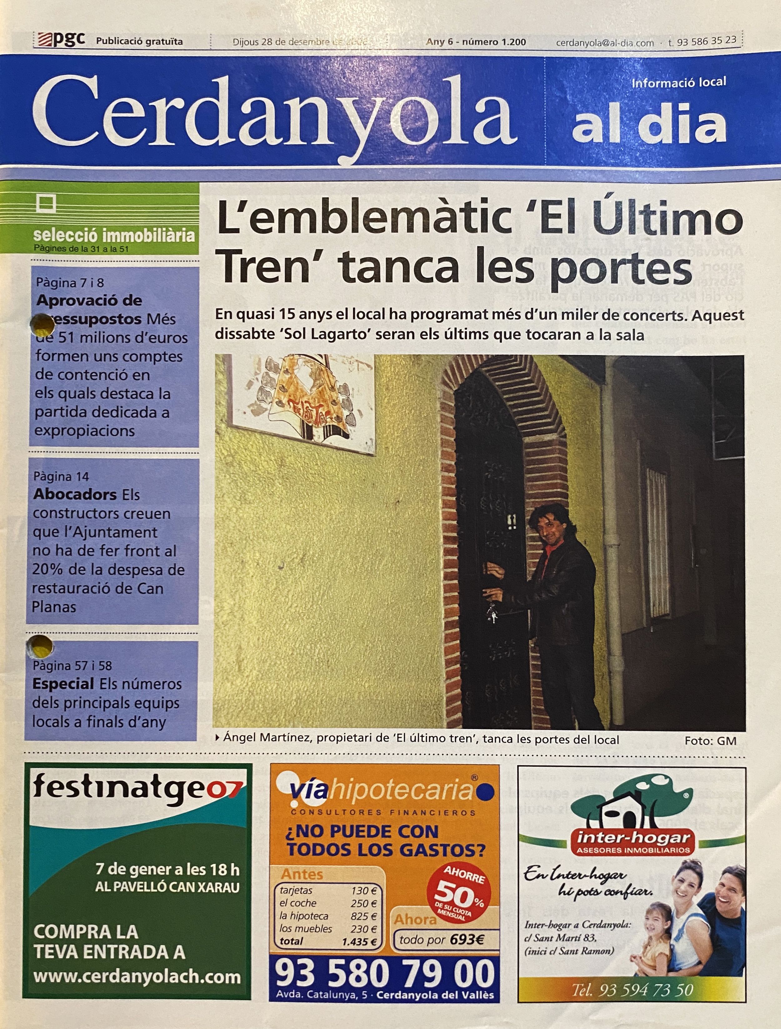 La portada del Cerdanyola al dia del 28 de desembre de 2006 va anunciar el tancament definitiu d’El Último Tren. FOTO: Cerdanyola al dia