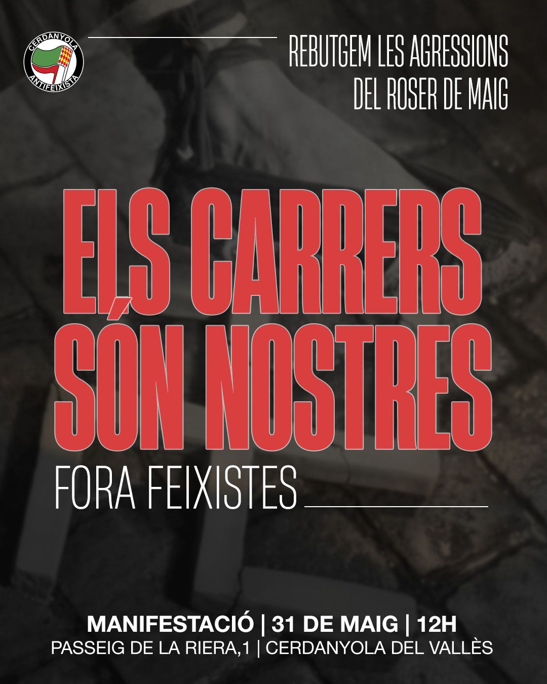 Cartell de la convocatòria amb el logotip de Cerdanyola Antifeixista.