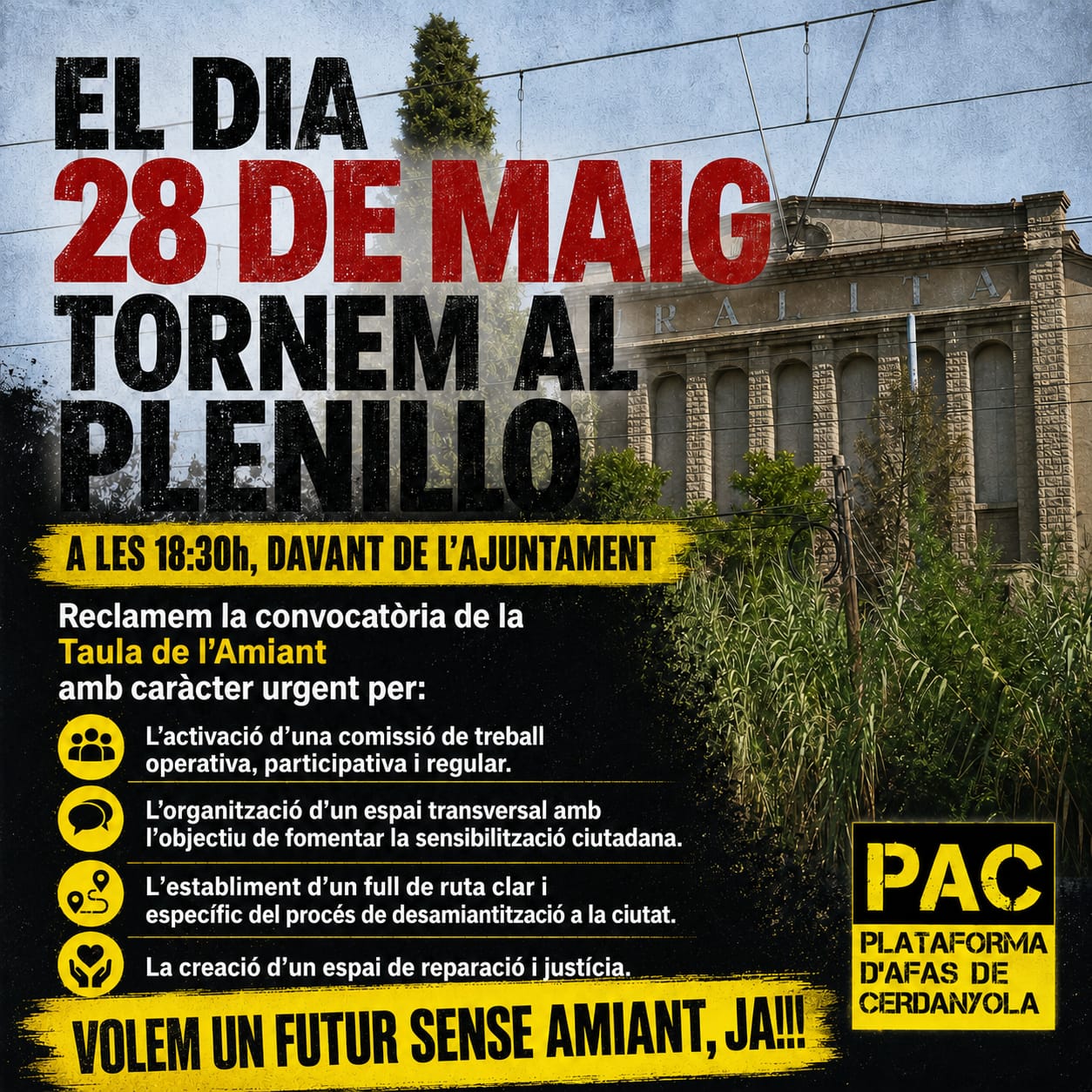 Cartell de la convocatòria de la PAC per reclamar la reactivació de la Taula de l’Amiant. FOTO: Cedida