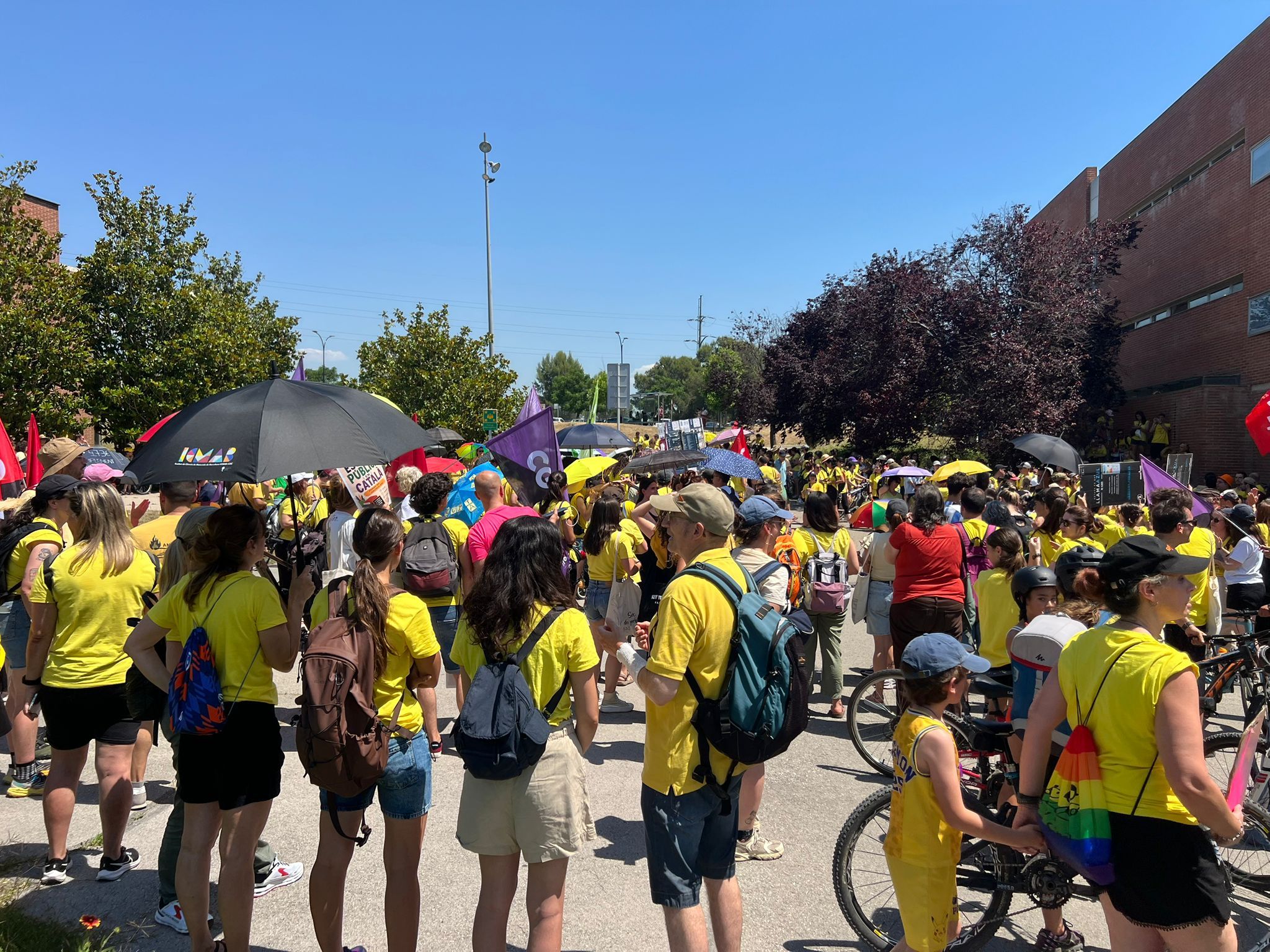 Els manifestants a l'arribada del campus de la UAB, protegits de la calor amb paraigües. FOTO: Laia Jubany