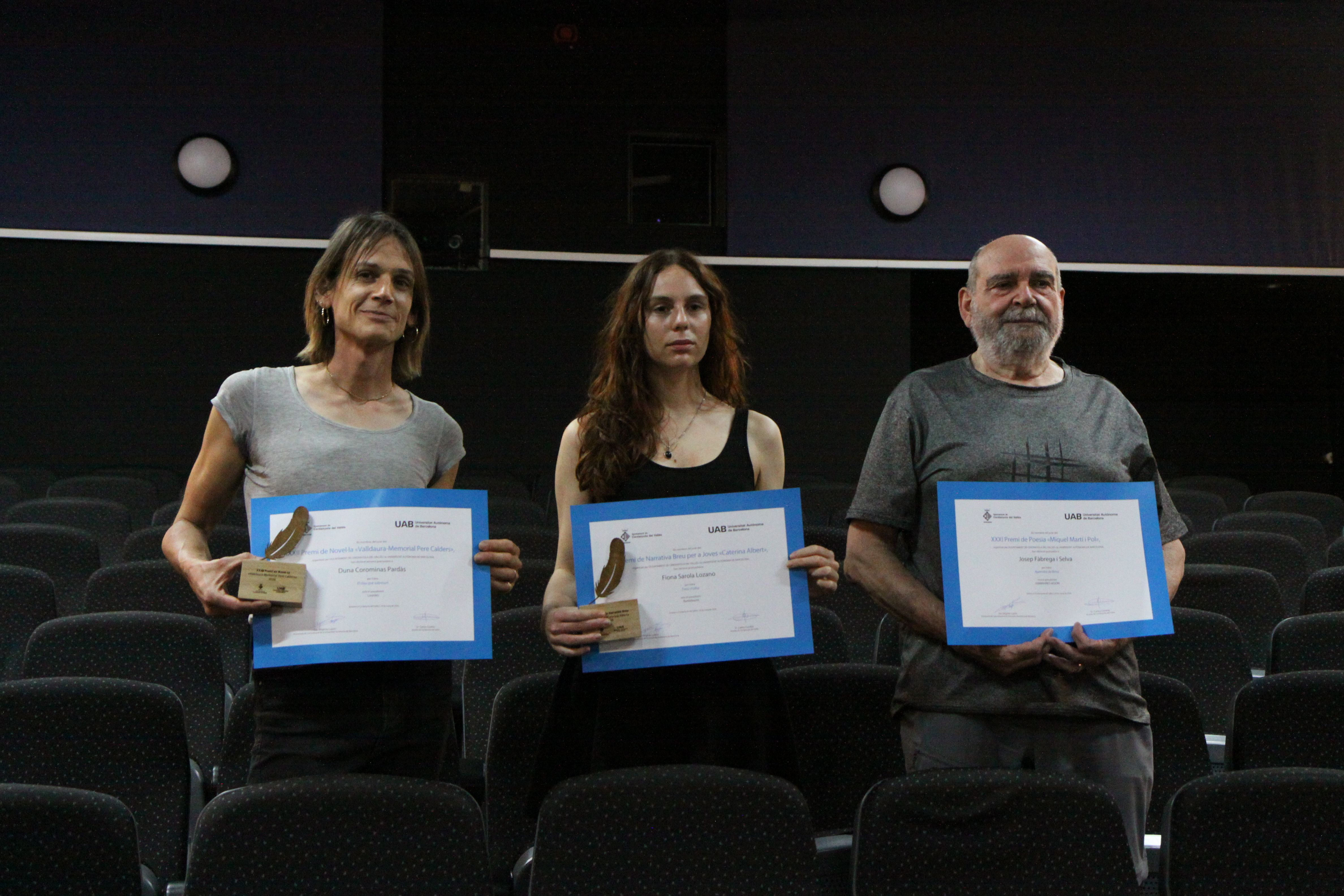 Coromina, Sarola i Fàbrega, guanyadors dels Premis Literaris 2026. Foto: Laia Jubany