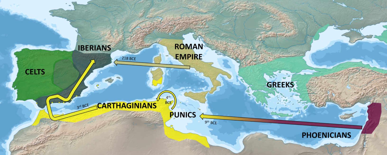 Principals moviments de població al voltant de la Mediterrània durant l’edat del ferro (750–603 aC) que van afectar la península Ibèrica. Autoria: UAB 